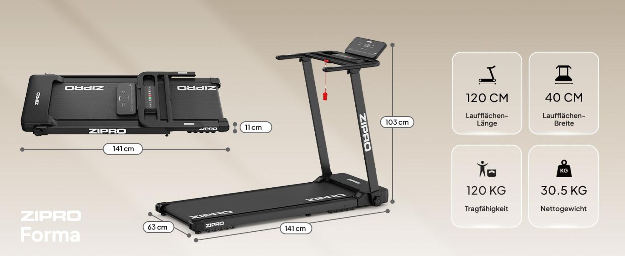 ZIPRO Forma Elektrisches Laufband klappbar – Heimtrainer bis 12 km/h – Platzsparendes FlatFold Design, Zwift & Kinomap Kompatibel, Neigungsverstellung