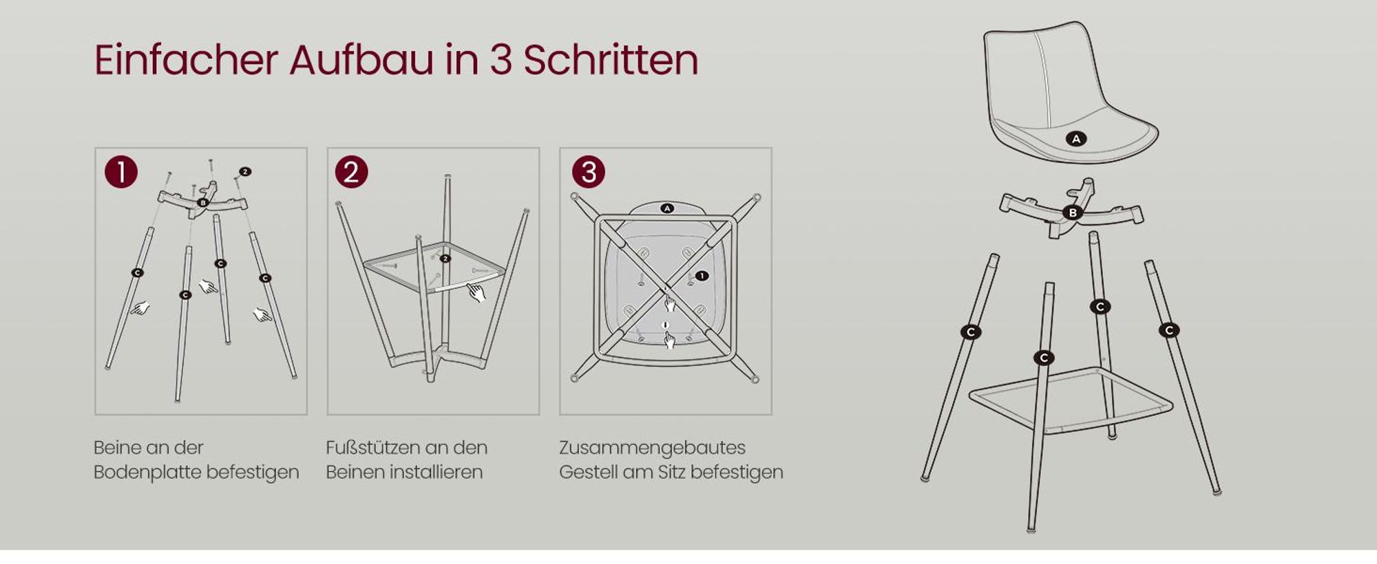 VASAGLE Barhocker 2er Set, ergonomische Rückenlehne, Metallbeine mit verstellbaren Universalfüßen, 62 cm hoch, Taubengrau