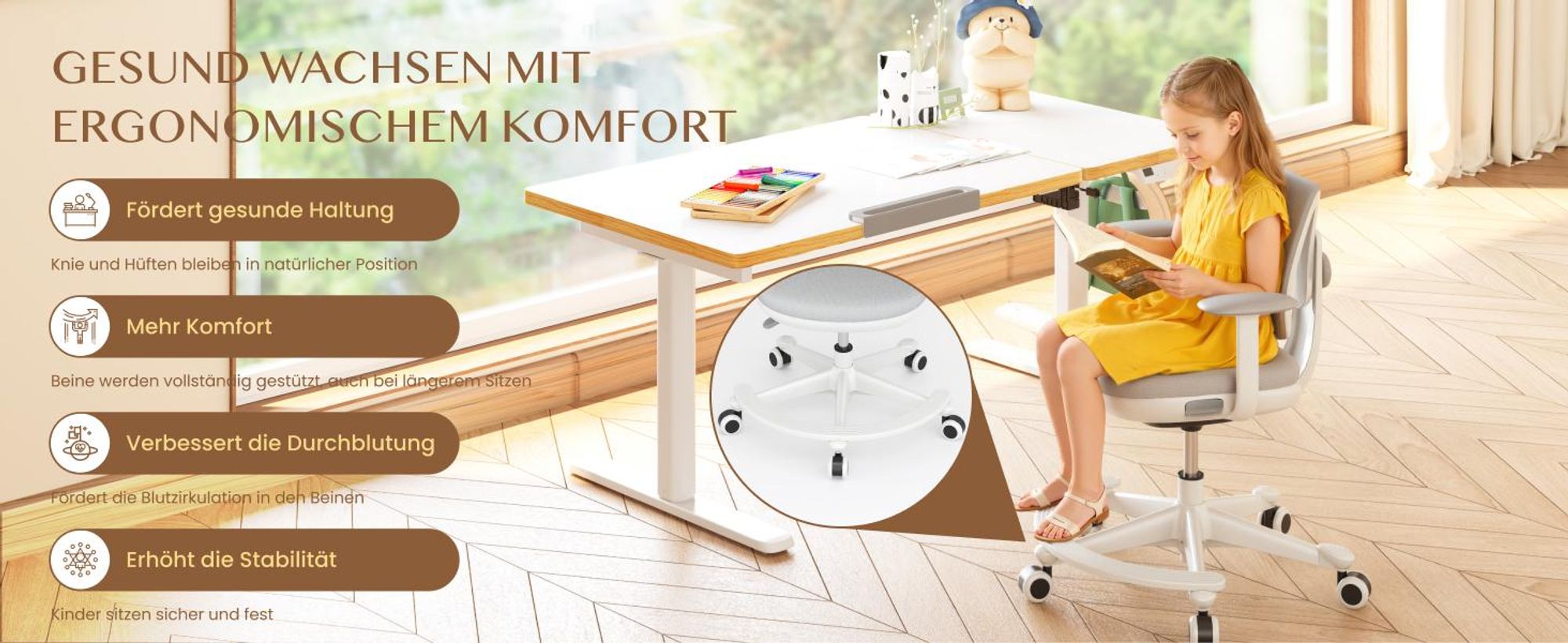 FLEXISPOT Kinderschreibtisch und Stuhl Set, Elektrisch höhenverstellbar, Neigbare Tischplatte, 3 Speicherplätze, Kindersicherung, 110x52 cm