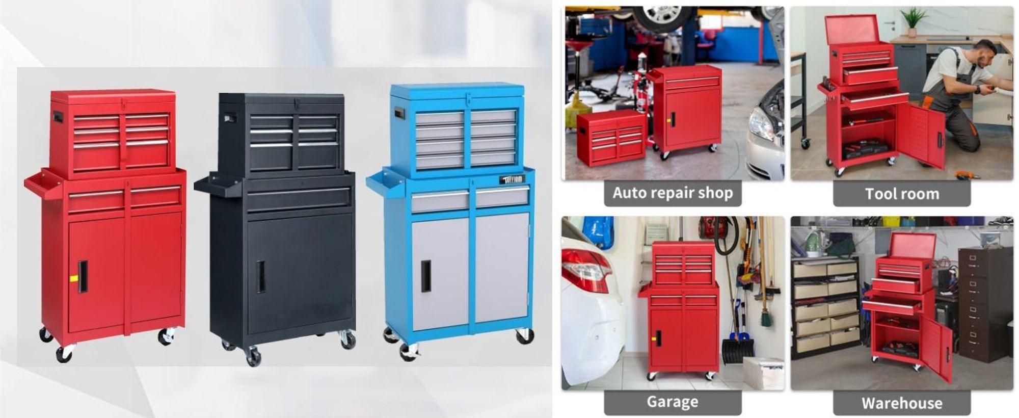 FCH Werkzeugschrank aus Metall, Kombi-Rollschrank mit tragbaren Werkzeugkästen, mobiler Werkstattwagen mit 4 Schubladen (rot)