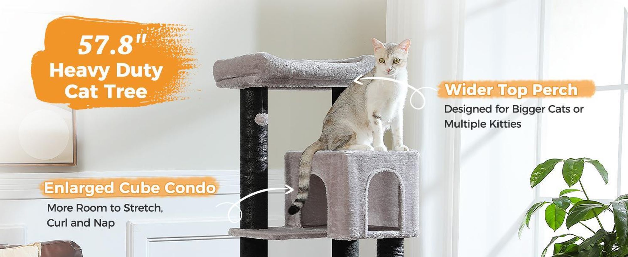 PURPURRA Großer Kratzbaum mit verstärkten Kratzstämmen (φ 8,1 cm) für große ausgewachsene Katzen, 13.6 kg, 146.8 cm