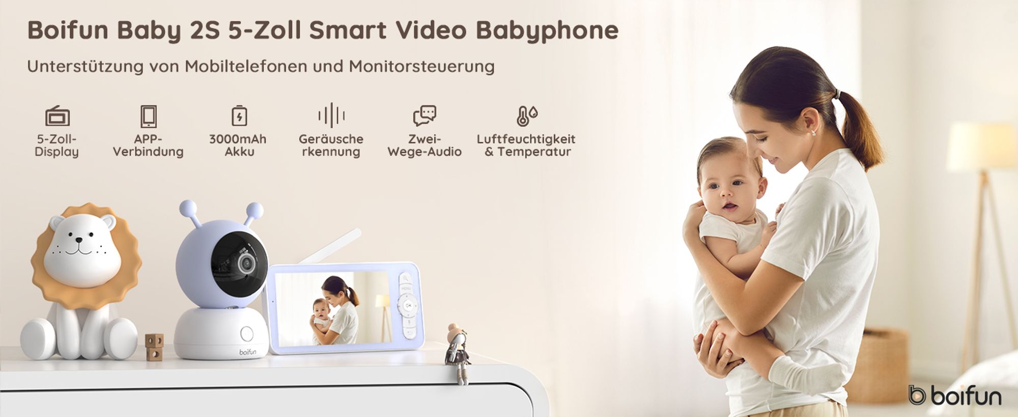 BOIFUN 5" dětská chůvička s kamerou PTZ 1080P, sledováním teploty a vlhkosti, APP, detekcí pohybu, detekcí pláče a připomínáním krmení, 32GB