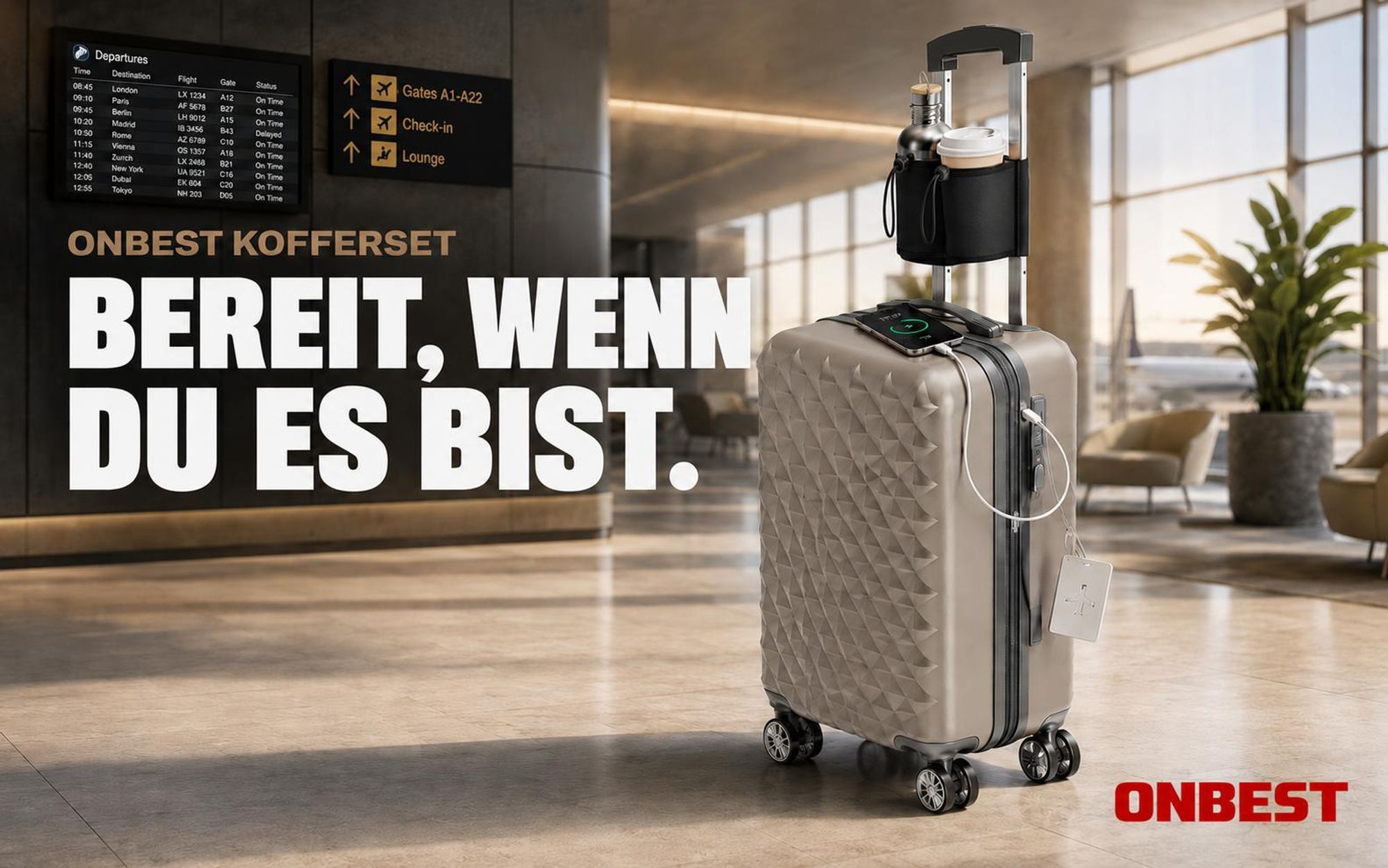 ONBEST Hartschalen Koffer Set | 4-teilig | Champagner | mit TSA-Schloss | USB-Anschluss | viel Zubehör | 360° Doppelrollen