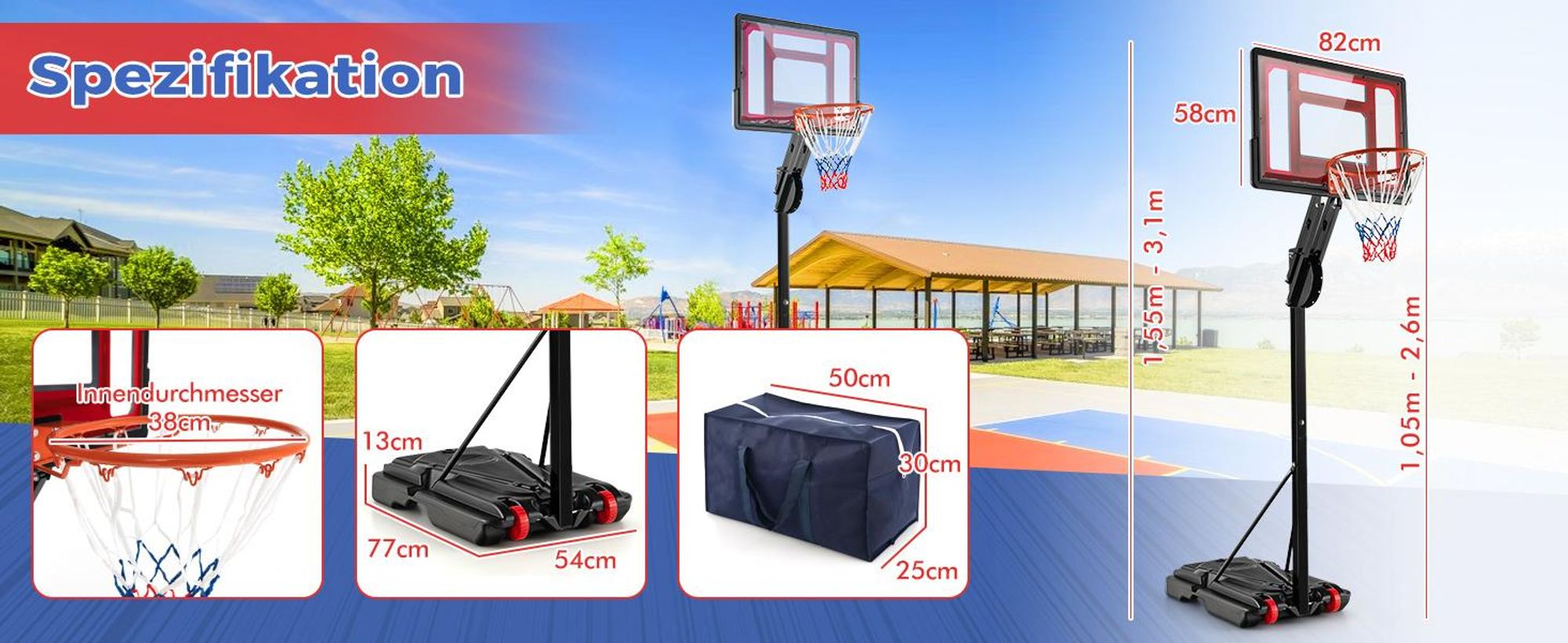 COSTWAY Basketballständer 228-265 cm höhenverstellbar, Basketballkorb mit Ständer & 2 Rädern, Korbanlage für Kinder, Erwachsene, mobiles Basketballanlage Indoor Outdoor