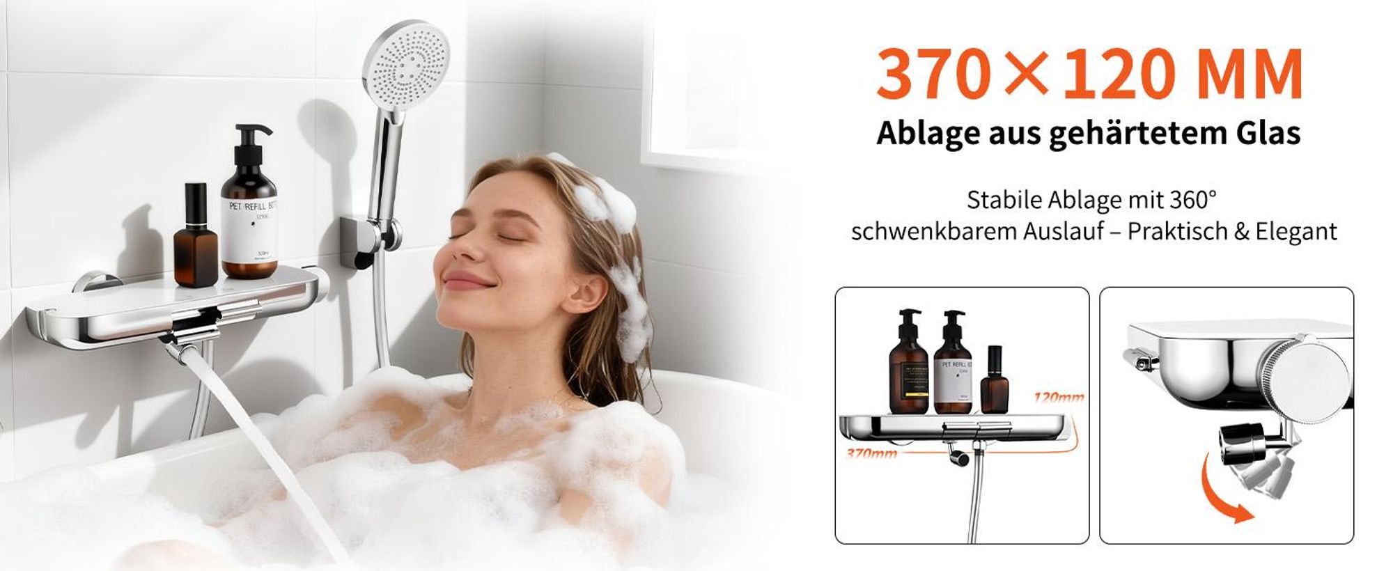 Homelody Brausebatterie-Set, Brausebatterie mit Handbrause & Ablage, Badewannenarmatur Brausehalter und Brauseschlauch inkl. Chrom