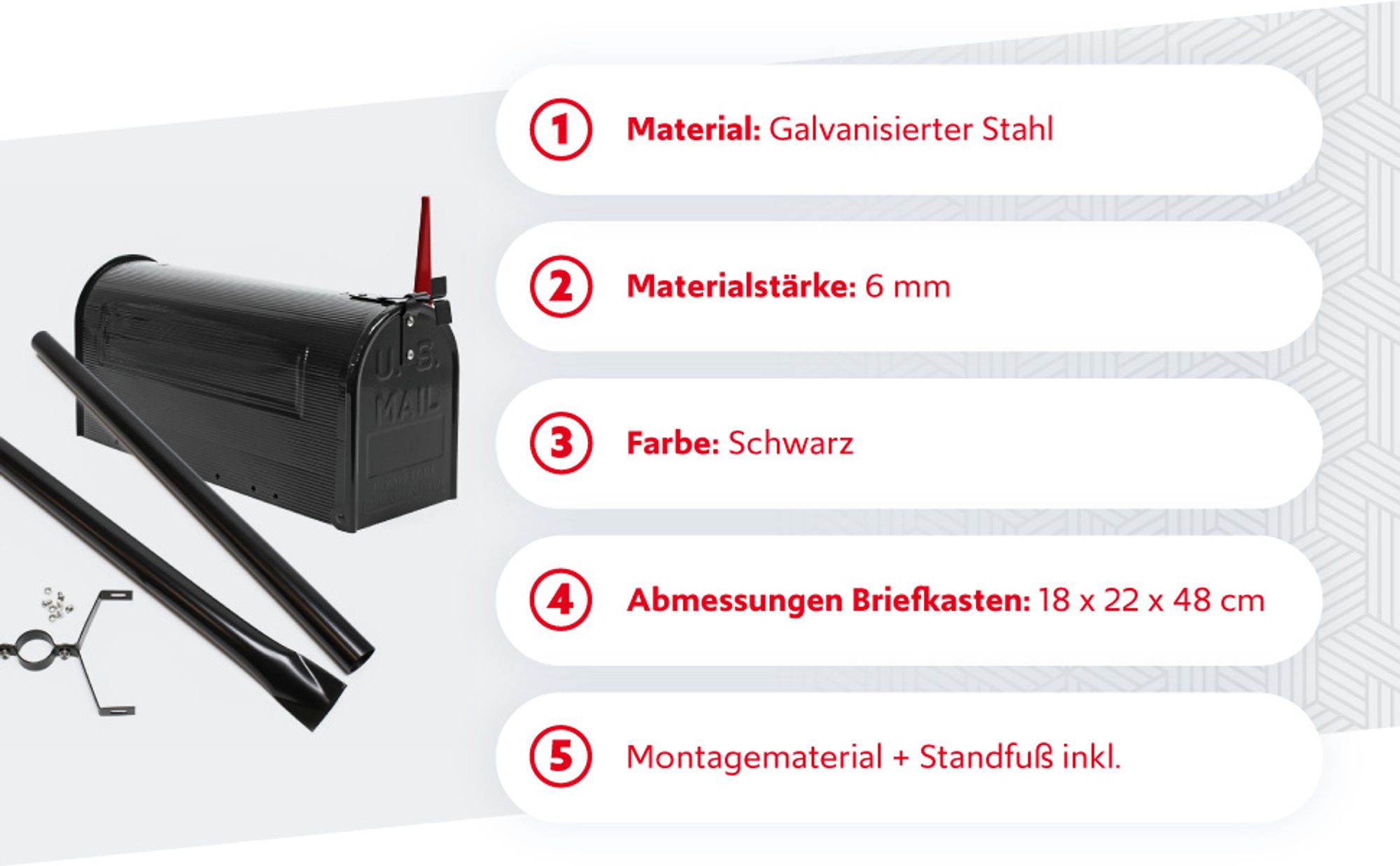 Wiltec Set US Mailbox schwarz 180 x 220 x 480 mm, amerikanischer Briefkasten mit Fahne, Standbriefkasten Stahl amerikanisches Design mit passendem Standfuß