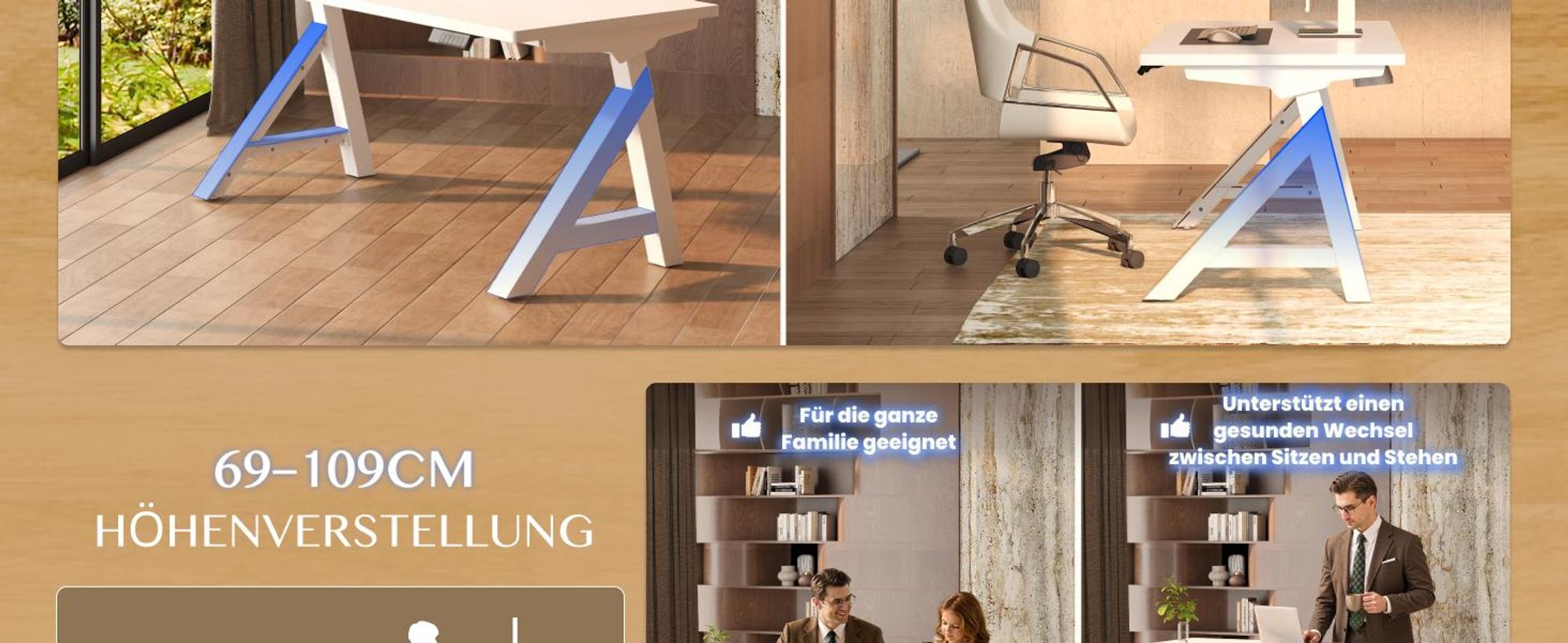 FLEXISPOT WoodiX Höhenverstellbarer Schreibtisch Elektrisch, A-förmiges Gestell, Massivholz-Beinverkleidung, Doppelmotor, Kabelmanagement, Weiß