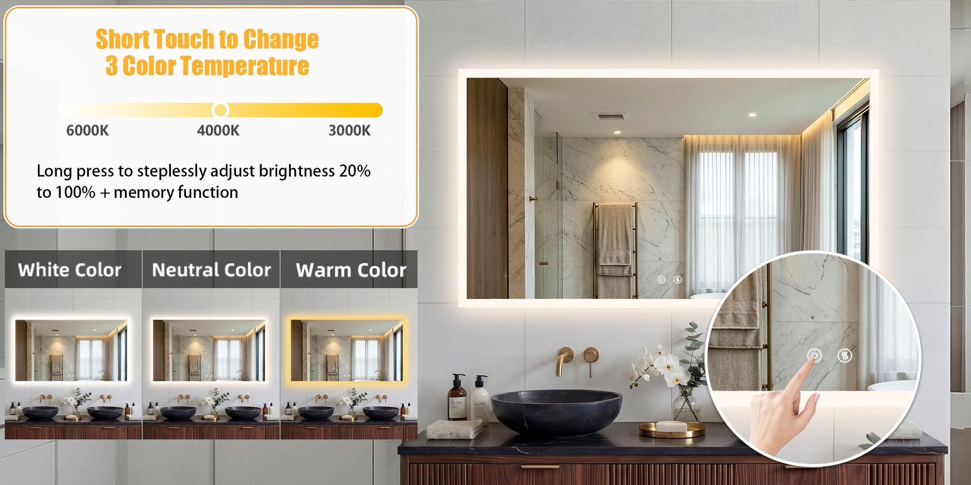 WISFOR LED Badspiegel 100x70 cm mit Beleuchtung Touch Beschlagfrei 3 Lichtfarben IP66
