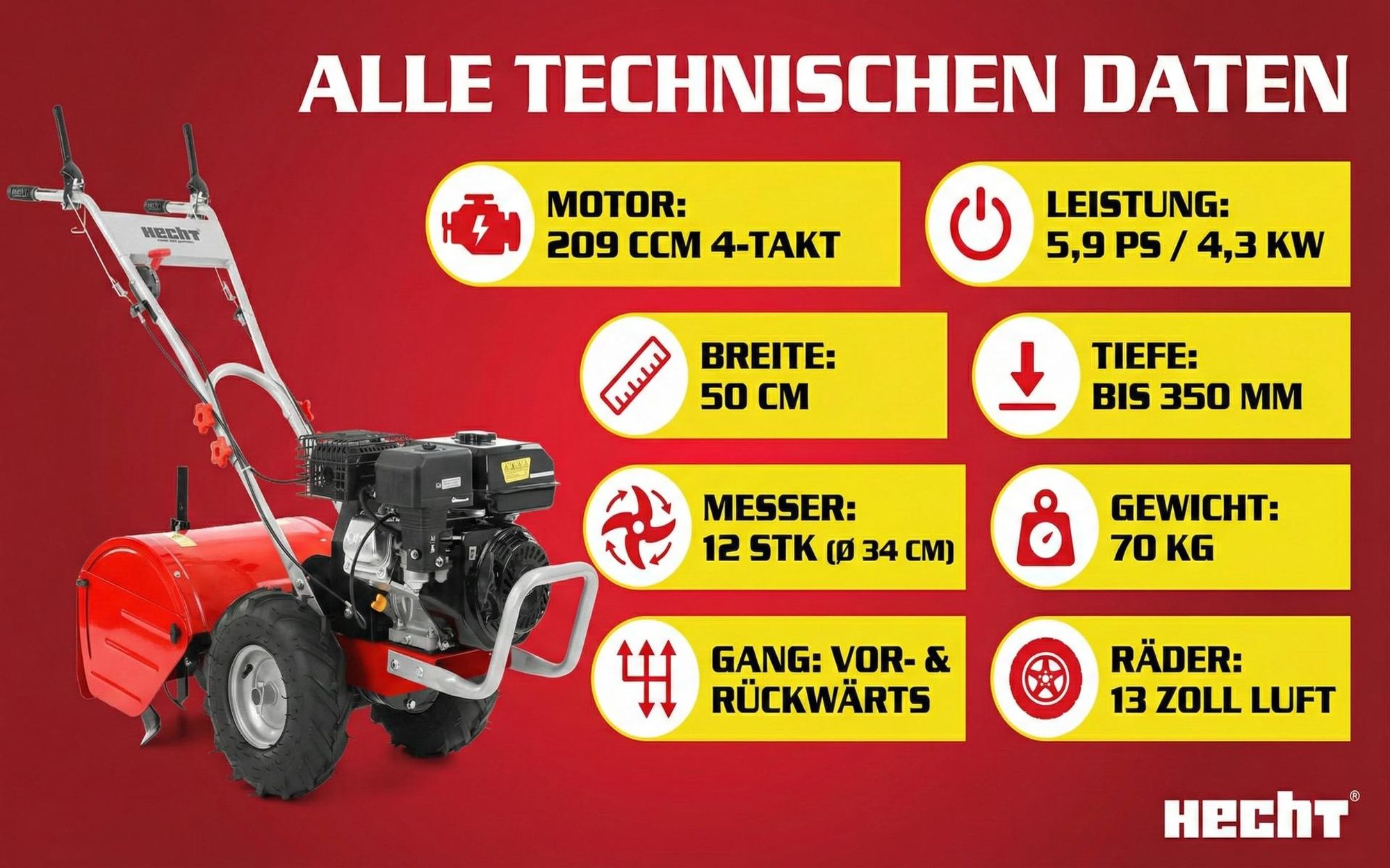 HECHT 750 Motorhacke Benzin 50 cm Arbeitsbreite 34 cm Arbeitstiefe 6,5PS 209cm³ 12 Hackmesser