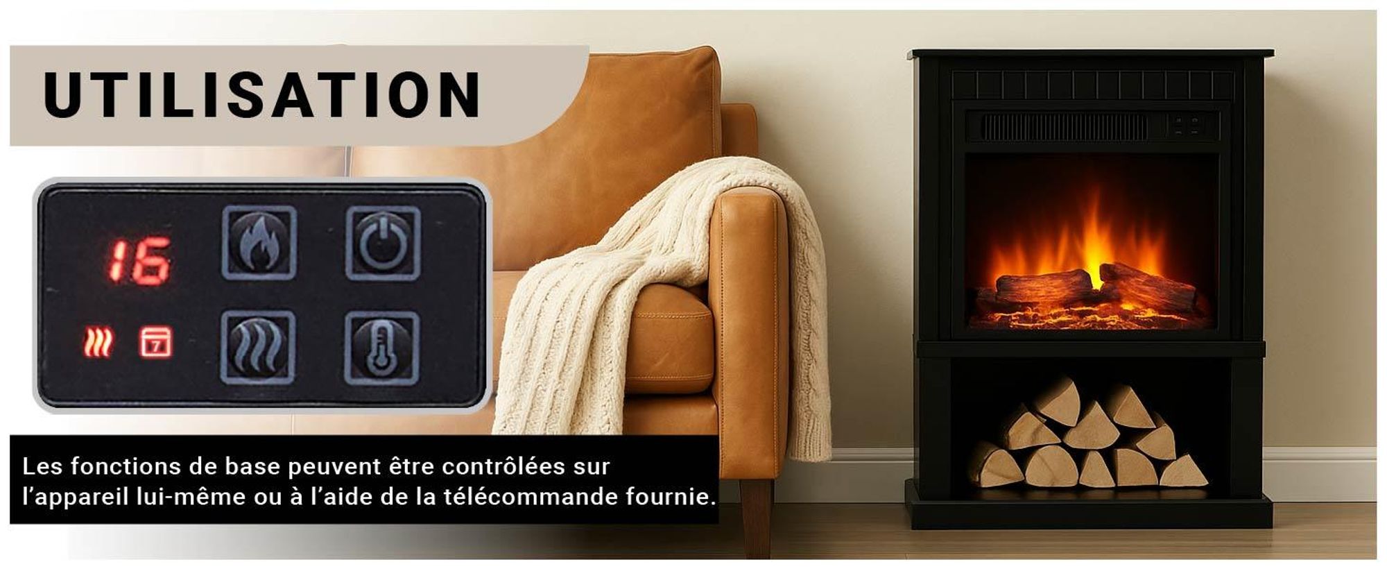 Cheminée électrique sur pied BALDERIA Ember – Puissance de chauffage jusqu'à 2 000 W, noire