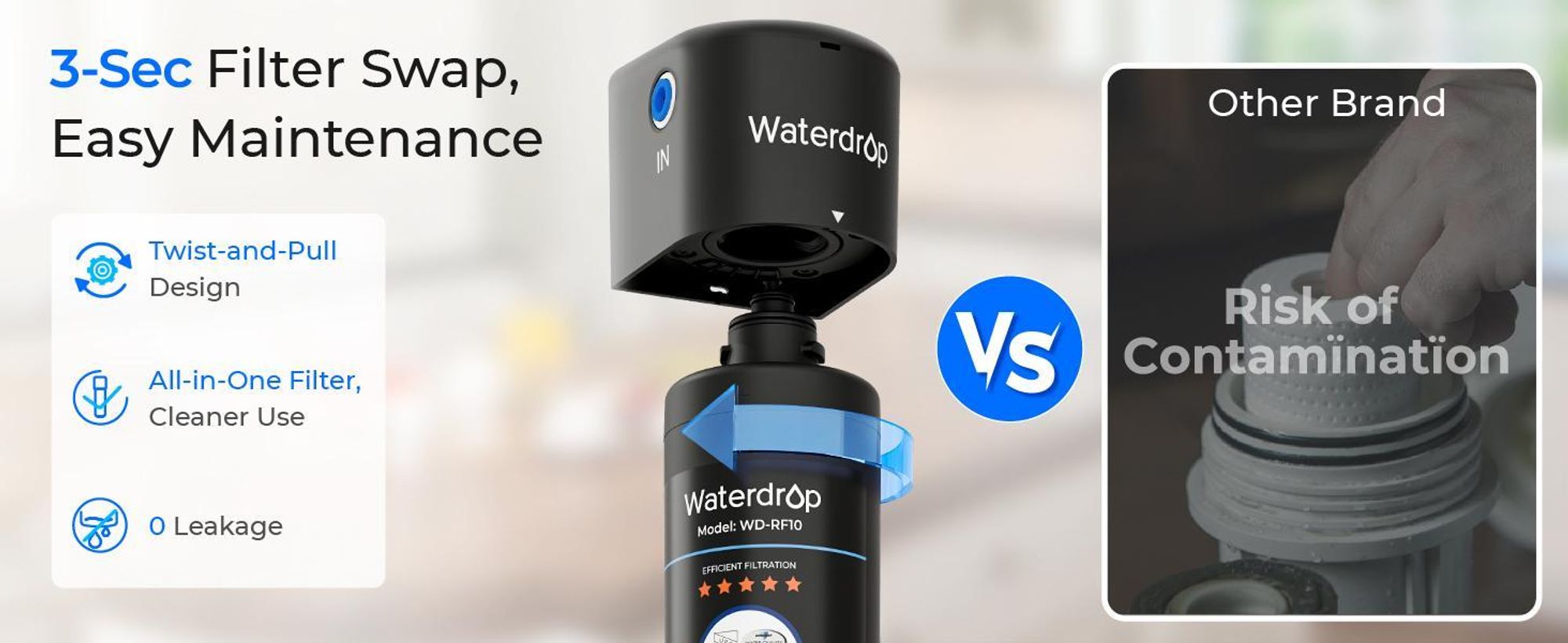 Waterdrop 10UA Untertisch Wasserfiltersystem mit 2 WD-RF10,Direkter Verbinden mit Küchenhahn, Wasserfilter Trinkwasser, NSF/ANSI 42