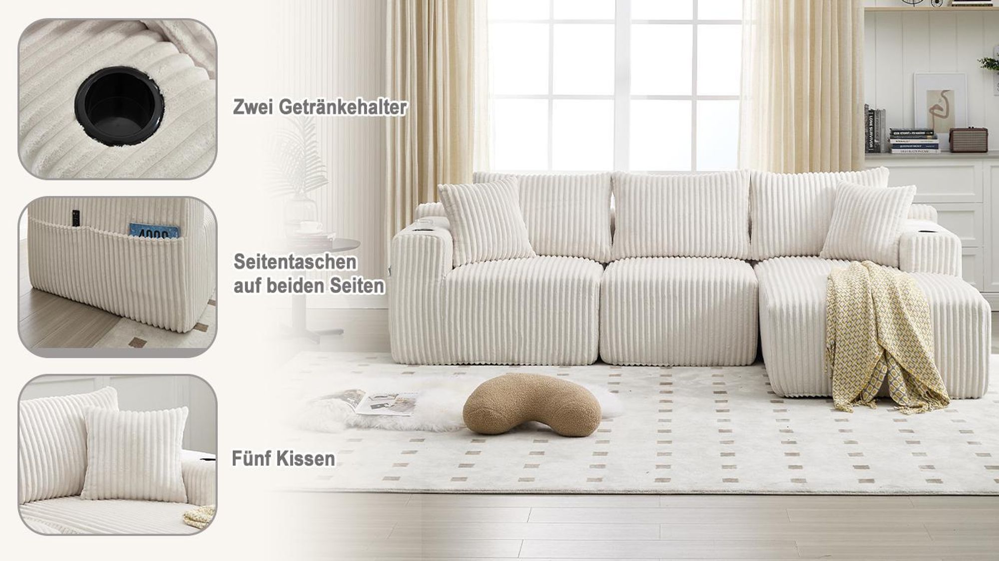 LVHOM Modulares Sofa mit Schlaffunktion, Ecksofa mit Cordbezug, 3 Sitzer mit Kissen, Schlafsofa ohne Montage, Loungesofa 257x80x160cm, Schwarz