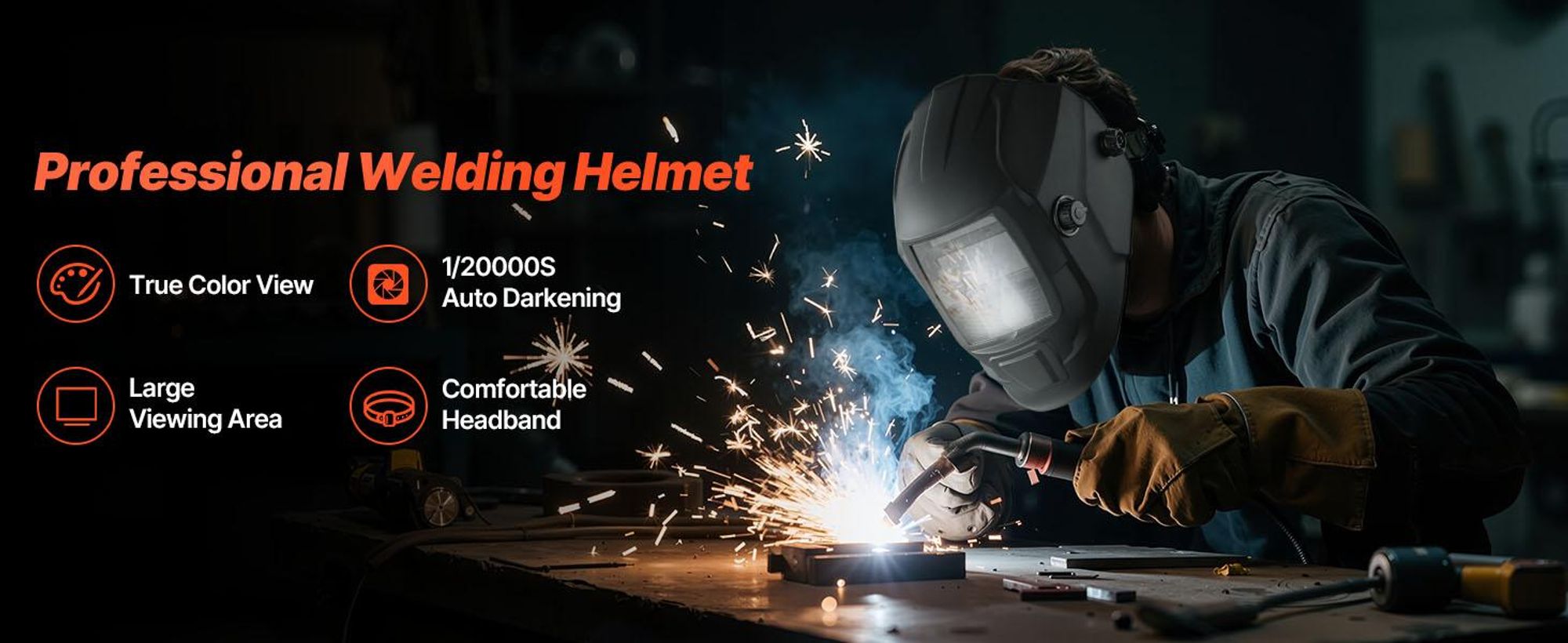 VEVOR Schweißhelm mit automatischer Abdunkelung, 100 x 59,4 mm True Color Schweißhaube, solarbetriebene Schweißmaske mit 4 Lichtbogensensoren, breiter Schutzbereich 4/5-9/9-13 für TIG MIG ARC Schweißen Schleifen Schneiden - METIS Serie, 93x43 mm, Matte Schwarz-b