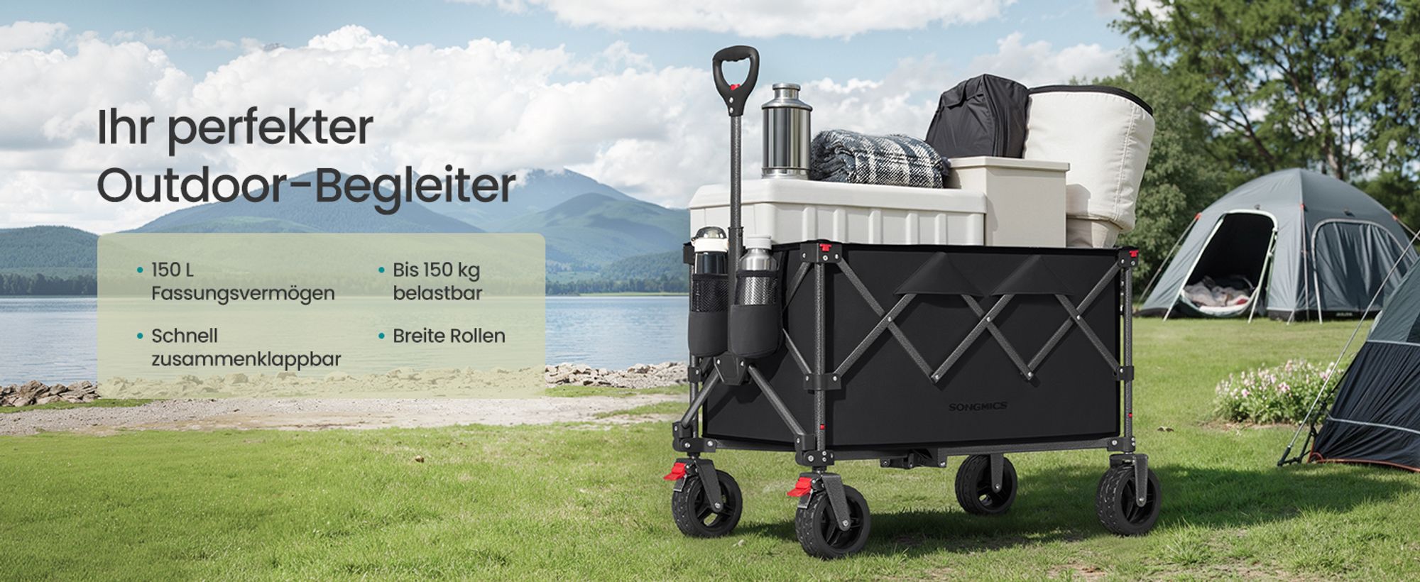 SONGMICS Handwagen faltbar, Bollerwagen, 150 L, bis 150 kg belastbar, Gartenwagen, Campingwagen