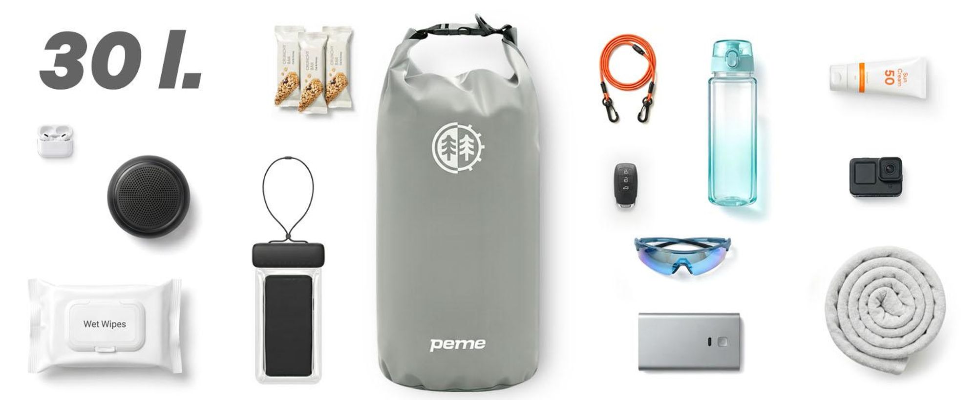 PEME Hydro Dry Bag 30L Wasserdichter Packsack Wasserdichte Tasche für SUP Kanu Kajak Schwimmen Wasserfester Beutel Nassbeutel Umhängetasche Grau