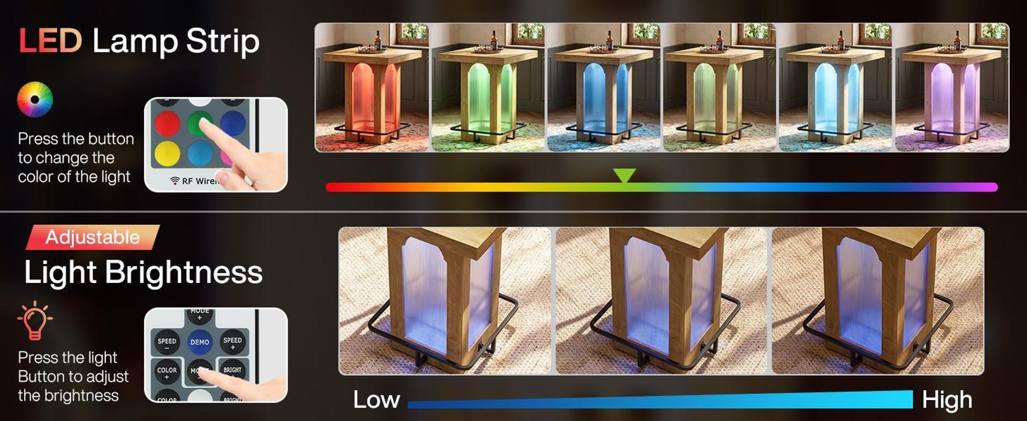 Een vierkant barmeubel van 100 cm hoog, met een verstelbaar plateau en LED-verlichting, een metalen voetsteun, in industriële bistrostijl, geschikt voor een keukenhoek, een thuisbar of een eetkamer