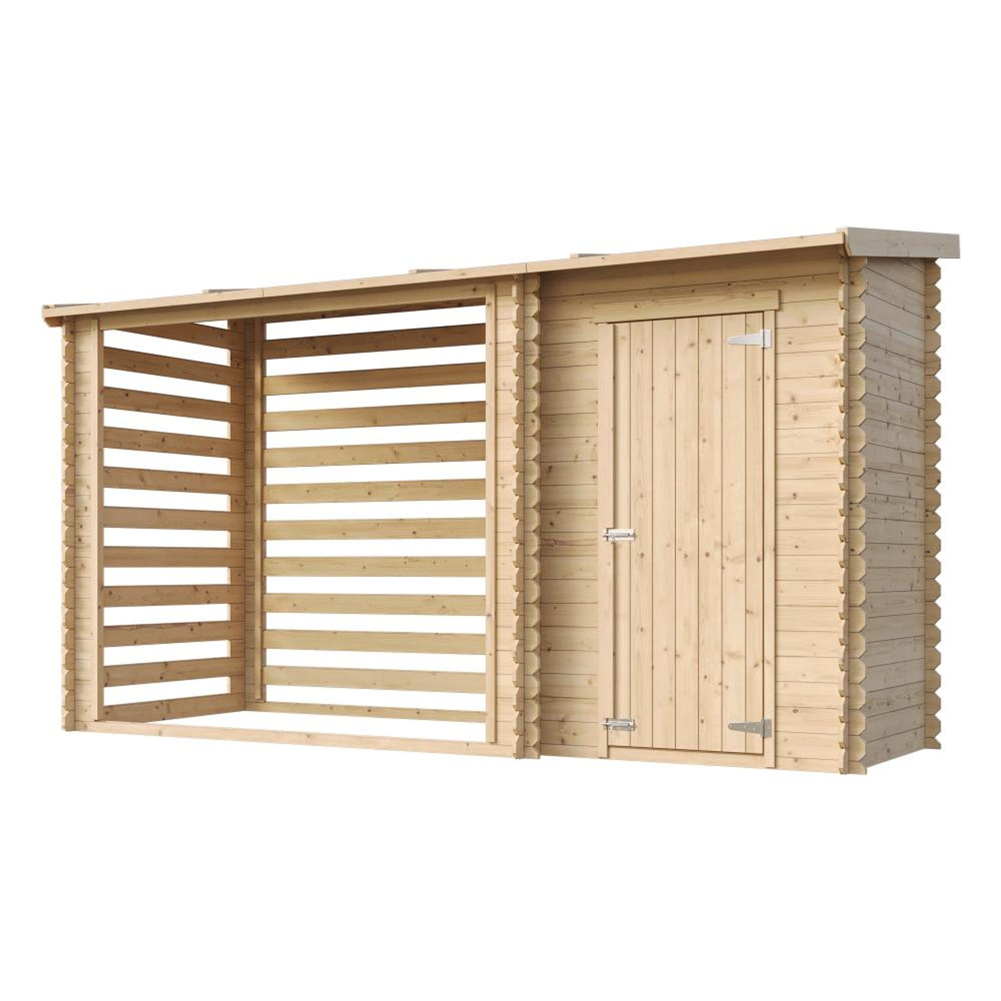 TIMBELA M205 - Gartenhaus Holz mit Brennholzregal B344xL146xH199 cm/ 3.64 m2