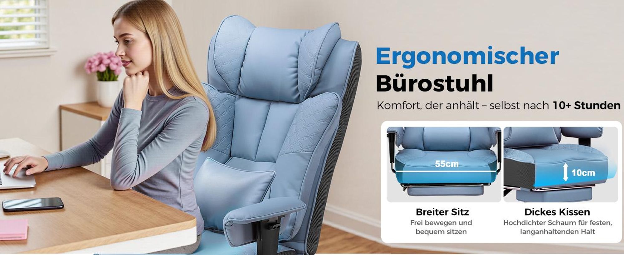 GTPLAYER Gaming Stuhl, Ergonomischer Bürostuhl mit Fußstütze, 150° Verstellbare Rückenlehne & Armlehnen, Computerstuhl Chefsessel, 180KG, BLAU