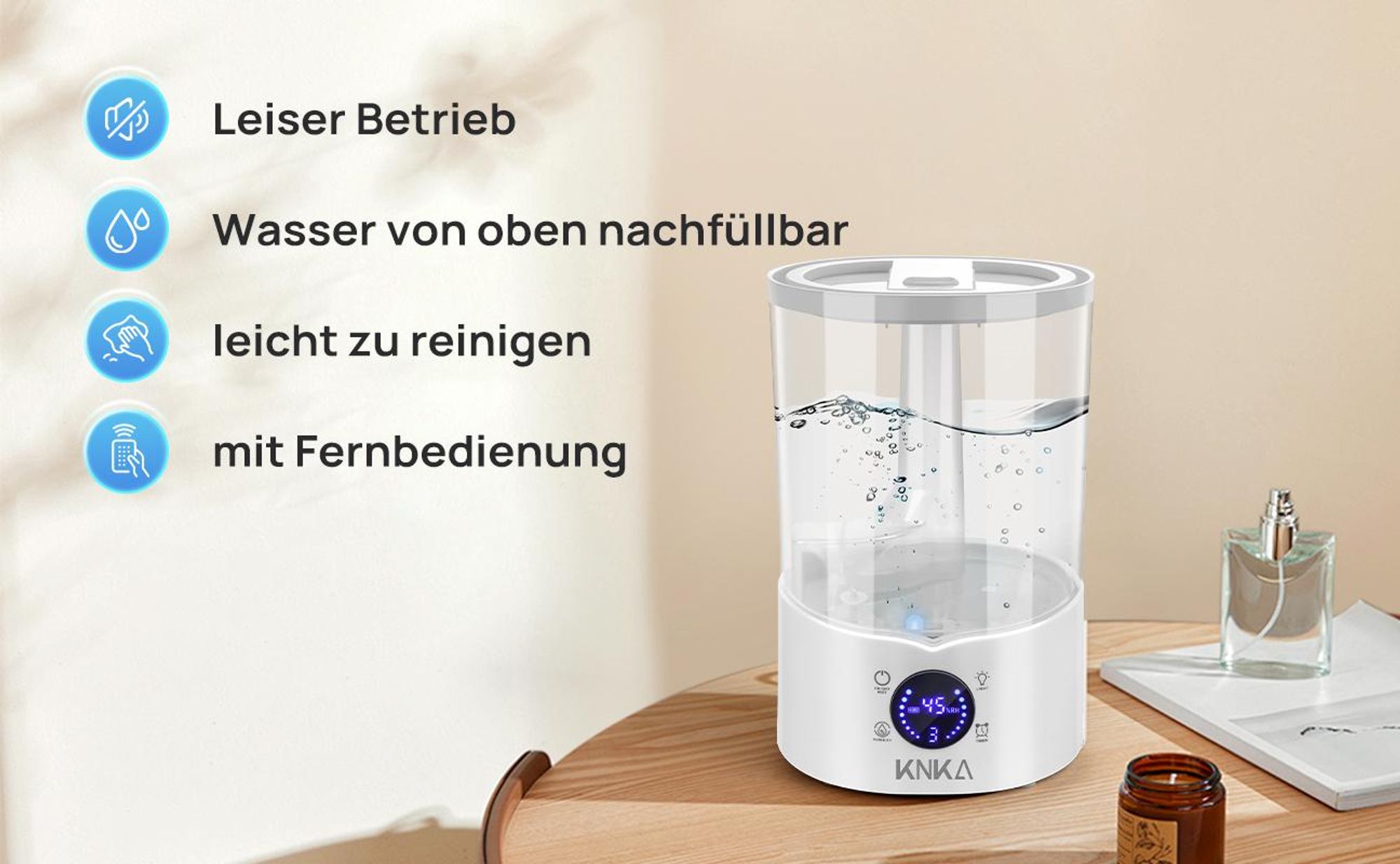 KNKA Luftbefeuchter Schlafzimmer, 4L Top-Fill Humidifier bis zu 30H, BPA-Frei, 30dB Leise Klein Raumluftbefeuchter für Kinderzimmer, Pflanzen, Weiß