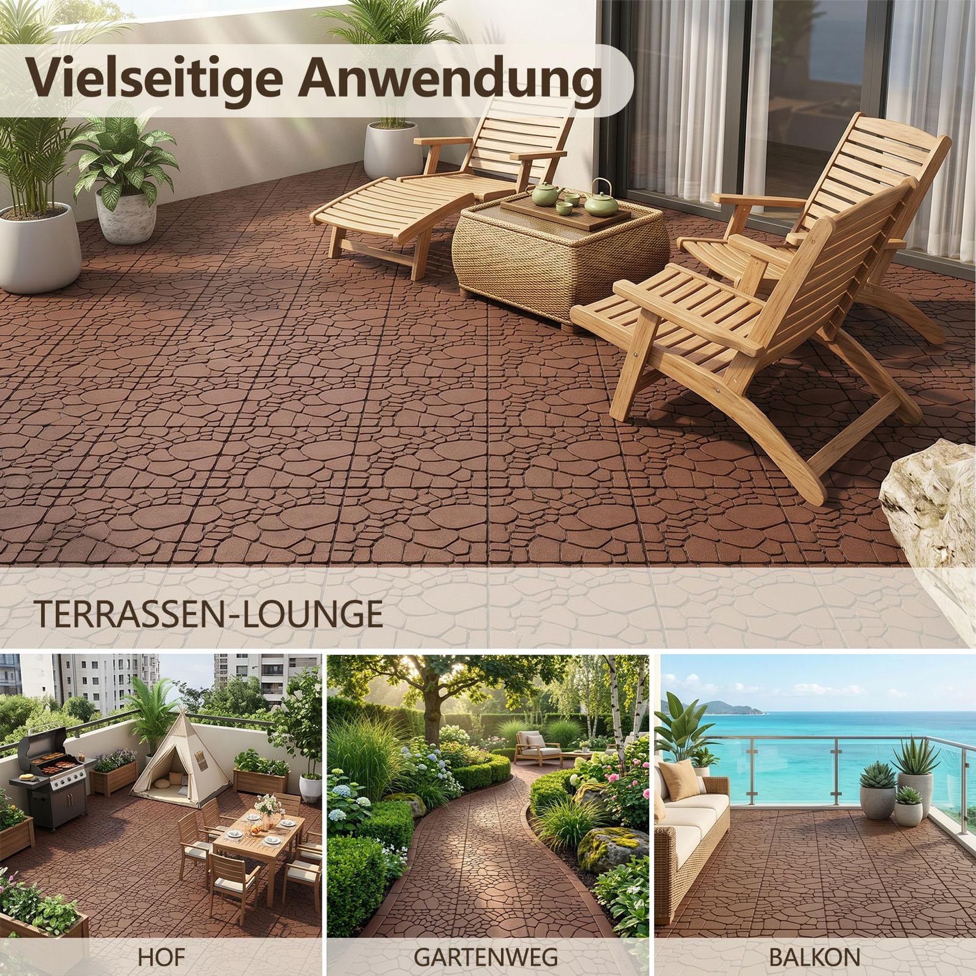 44 Stück Terrassenfliesen Stecksystem Klickfliesen Dielen für Terrasse Garten Balkon Pool[Braun -Steinmuster]