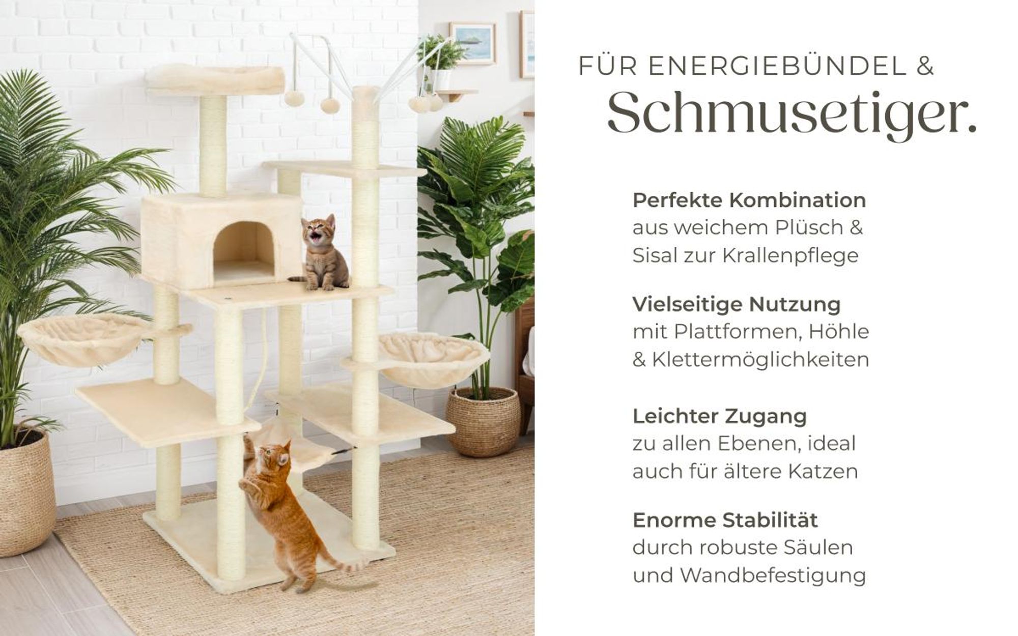 tectake® Kratzbaum Lilou 165 cm inklusive 4 Spielbällen, Kordel und Kippschutz