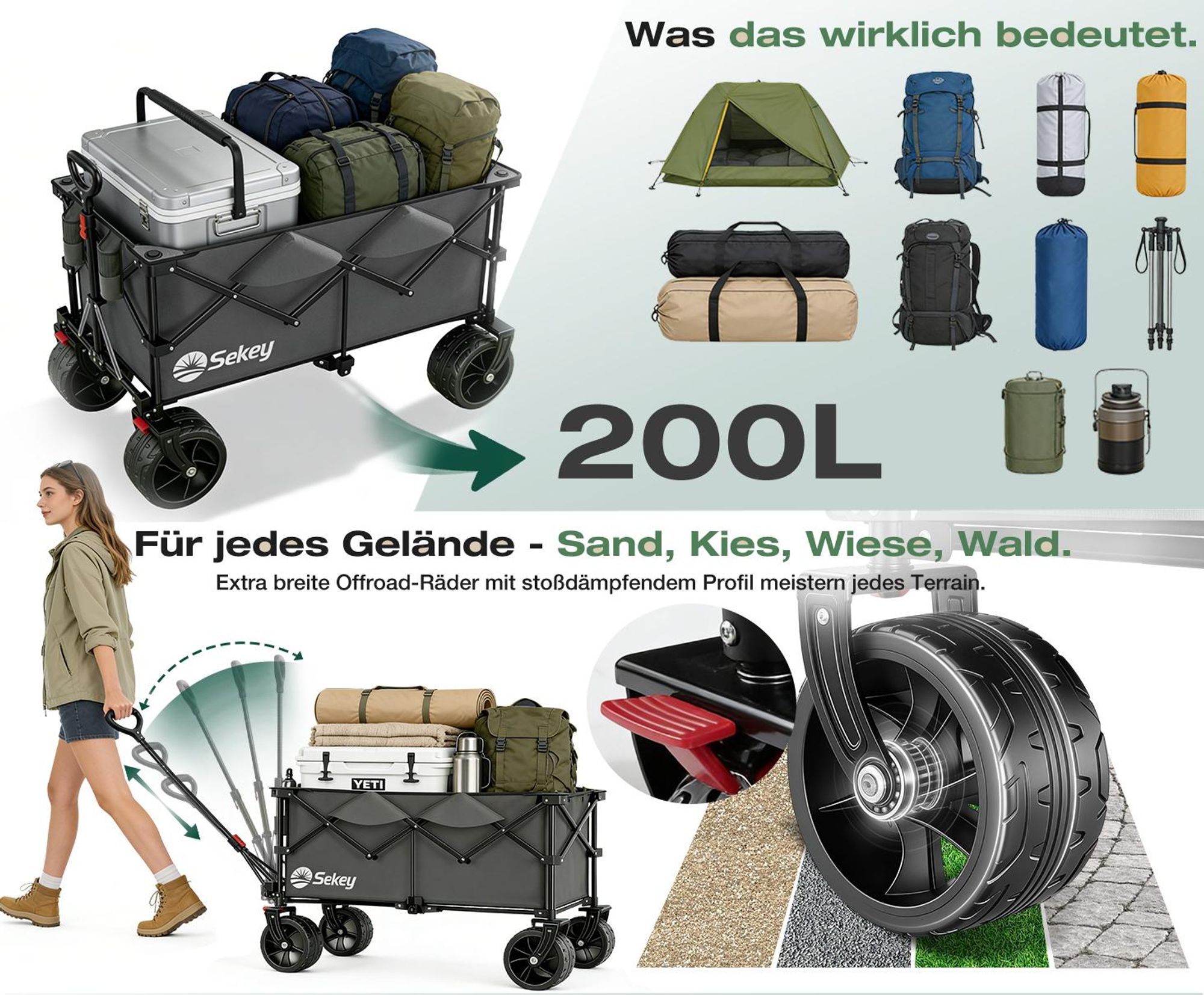 Sekey XXL Plus Bollerwagen Faltbar mit Extra Breite Räder, Faltbollerwagen belastbar 200kg Handwagen Klappbar Transportwagen, Grau