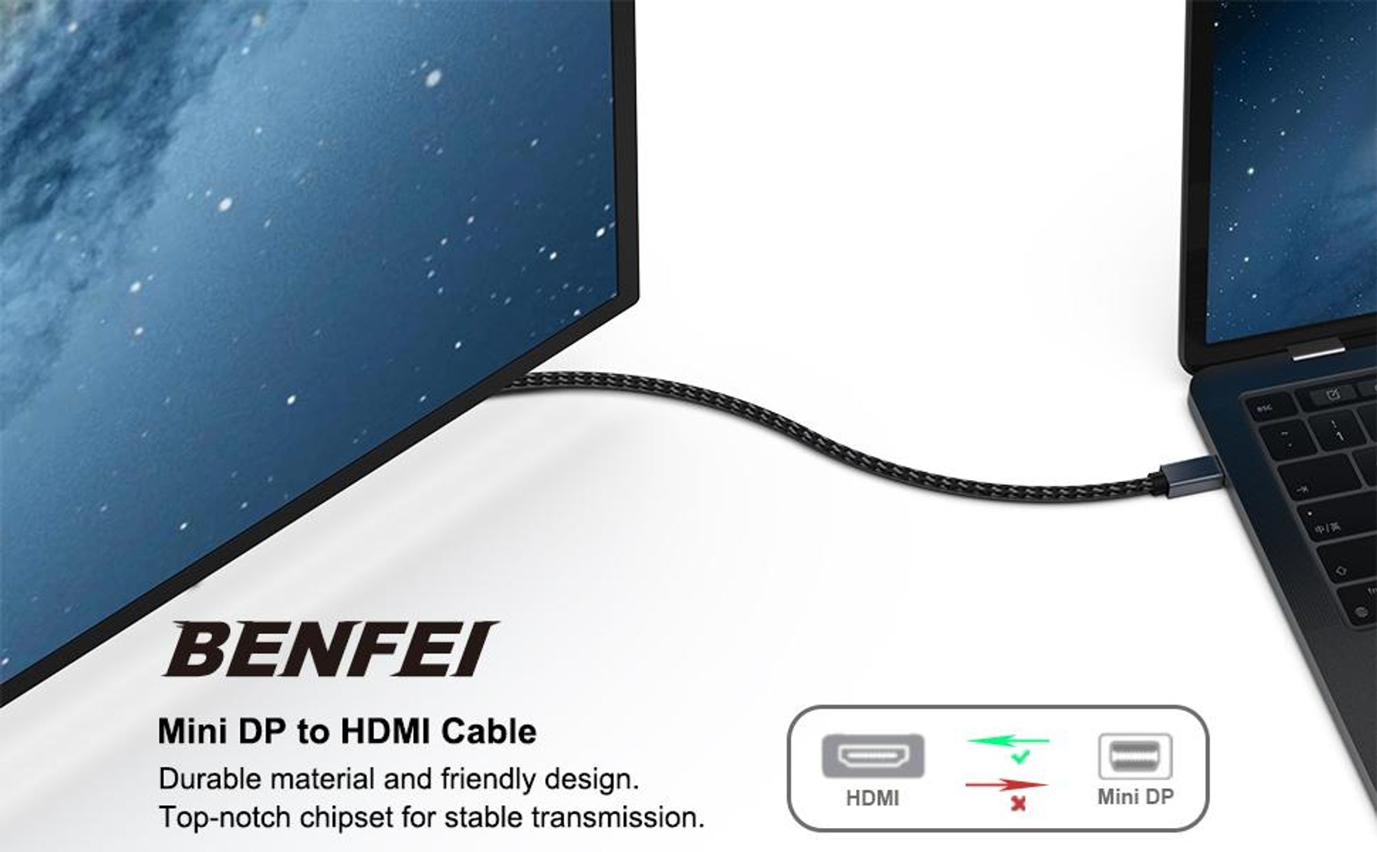 BENFEI HDMI-Kabel Mini DisplayPort auf HDMI Kabel 1.8m 4K 30Hz