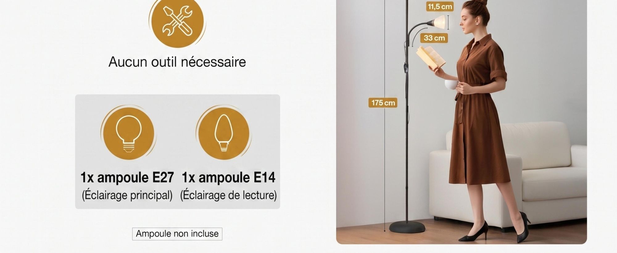 MONZANA® Lampadaire avec liseuse Noir 175 cm Réglable E27 Lampe orientable sur pied Projecteur de plafond Lampe de lecture