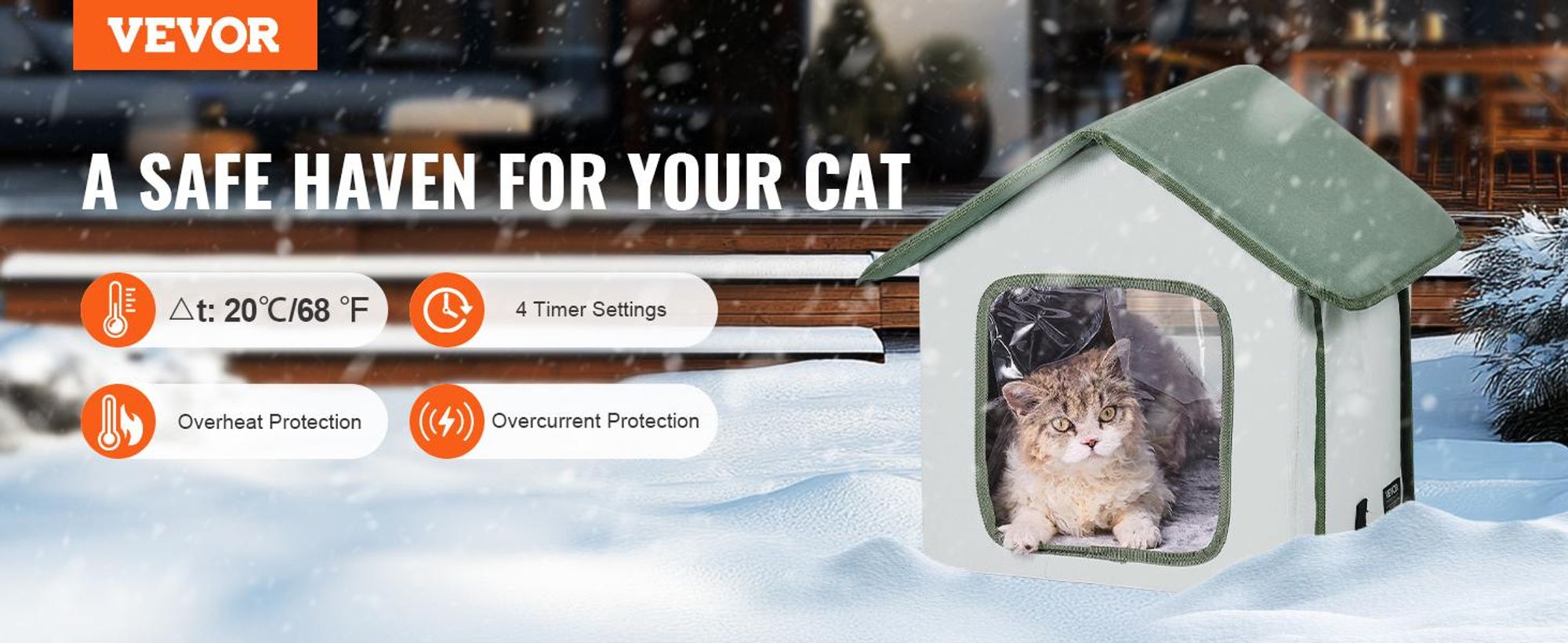 VEVOR Beheiztes Katzenhaus, Außenshelter für Katzen mit einstellbarer Temperatur und Timer, faltbares Katzenhaus aus 600D Oxford-Stoff mit beheiztem Pad für den Winter, um warm und gemütlich zu bleiben, Grün (Mittel), Grün-35x34x40 cm