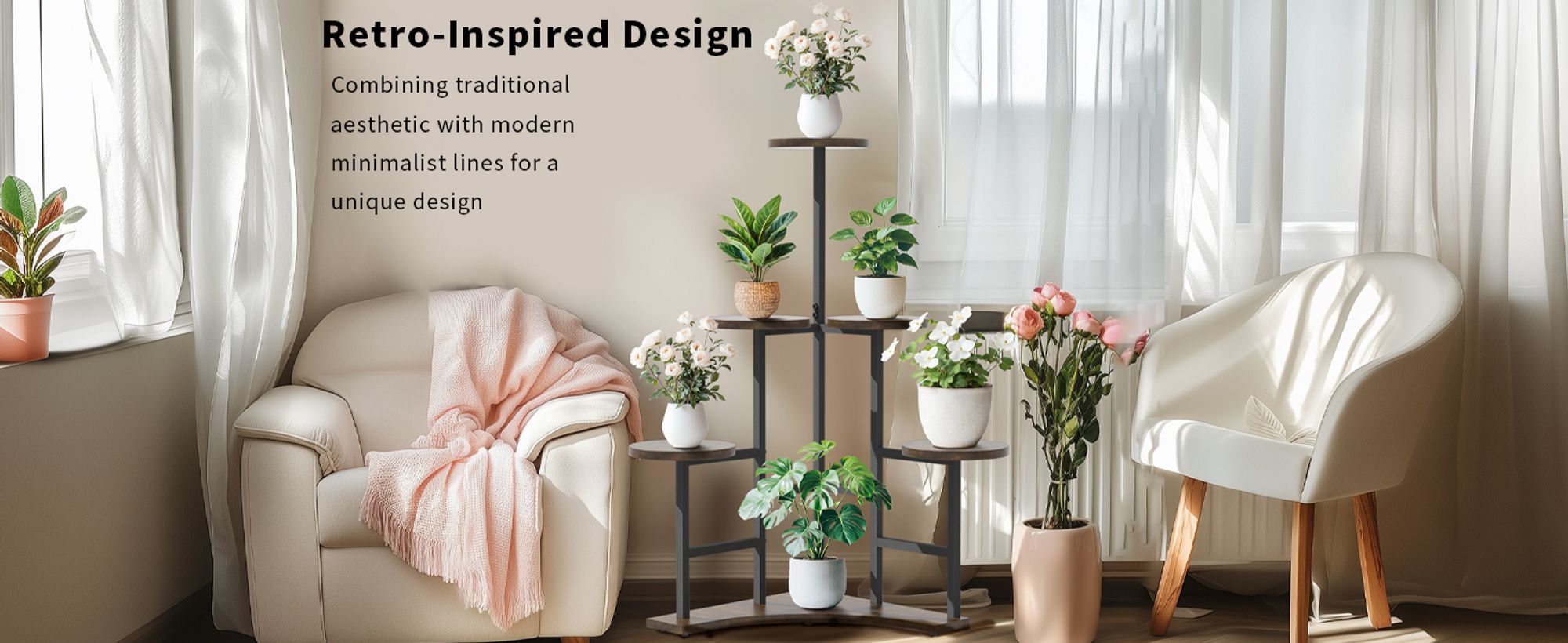 unho Blumentreppe 6 Ebenen, Blumenständer Indoor, Ecke Pflanzenregal Blumenregal Pflanzenständer Metall für Balkon, Garten, rustikal, 50 x 108cm