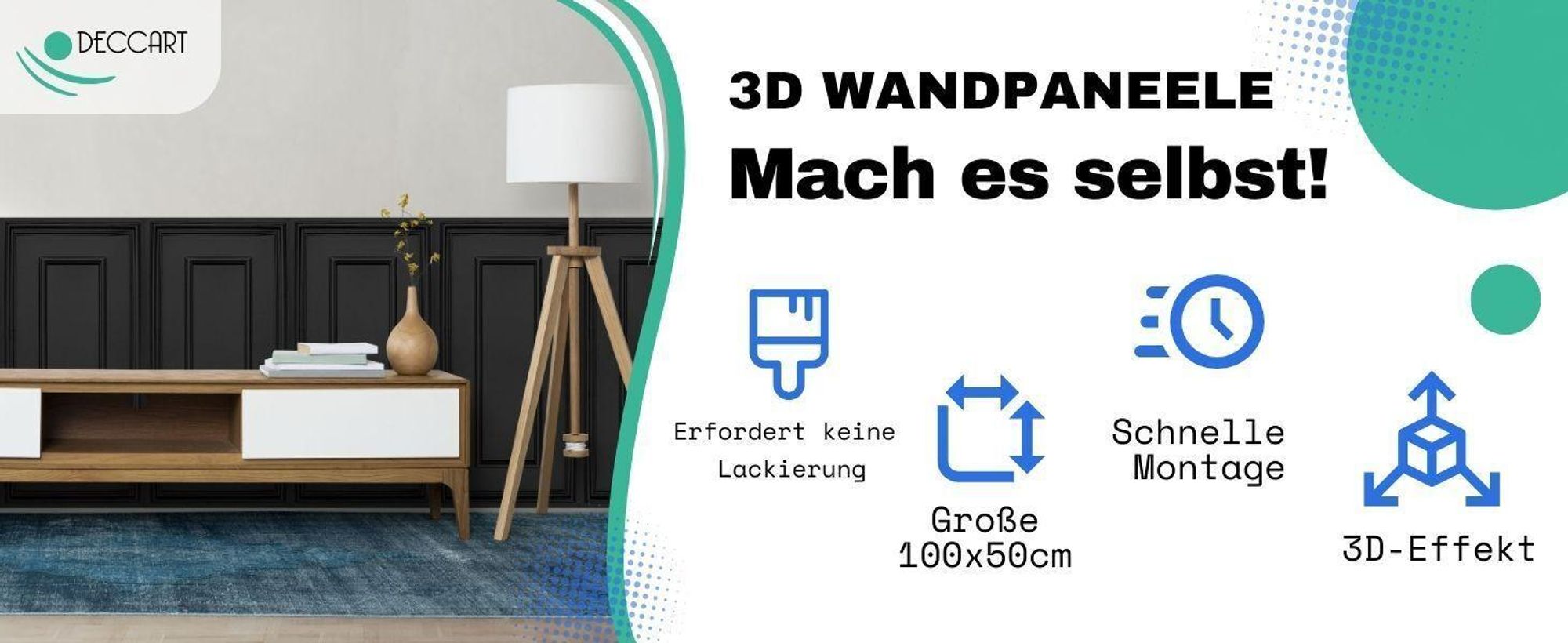 DECCART | 3D Wandpaneele Polystyrol Schwarz | Wandverkleidung für Wohnzimmer und Schlafzimmer | Dekorative Paneele | Set 8 x 100x50 cm |  4 m²