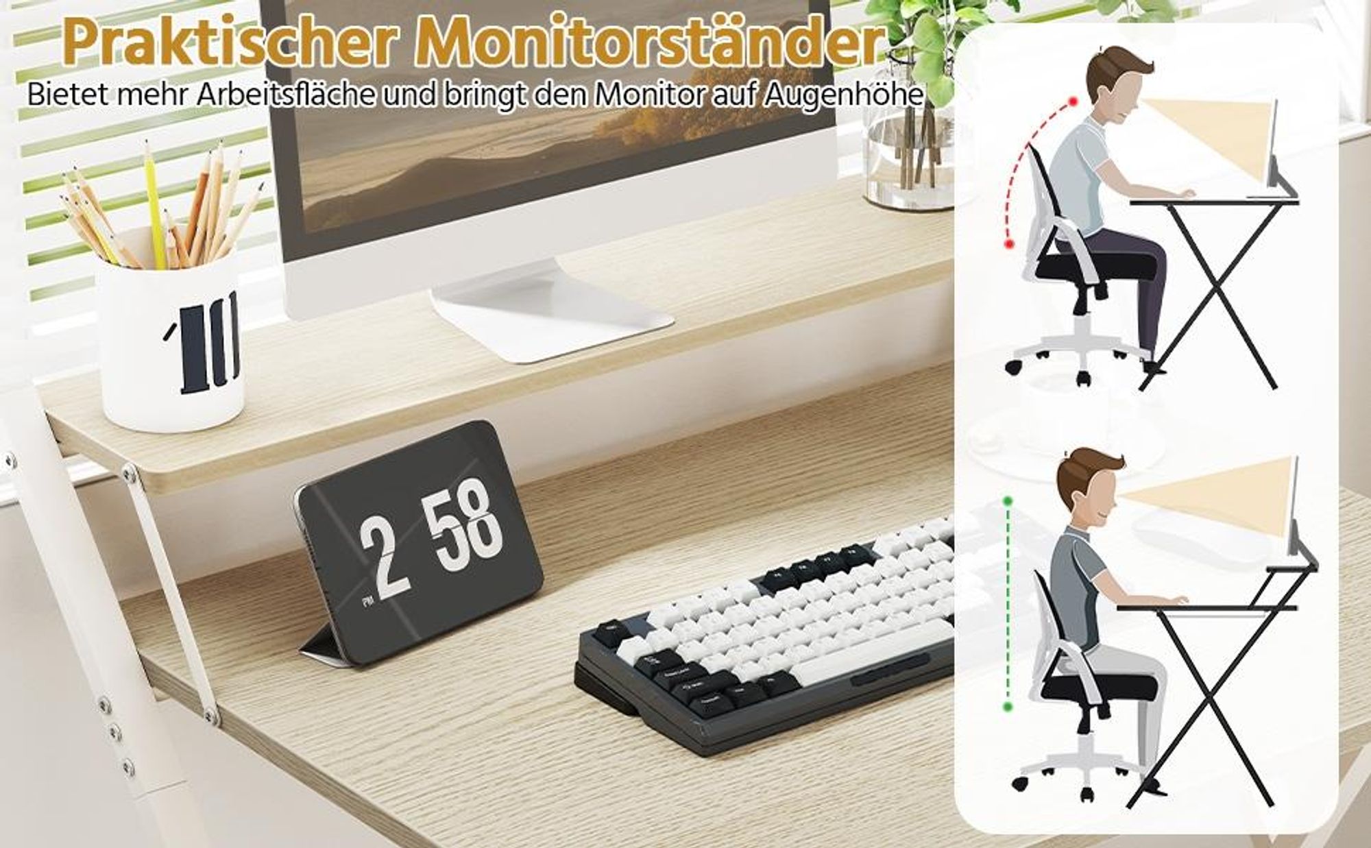 Yaheetech Schreibtisch klappbarer Computertisch mit Monitorständer 2-stufiger Arbeitstisch mit Ablage Laptoptisch