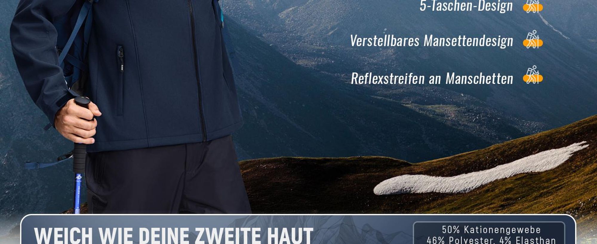 BUBW – Herren Softshell Jacke mit abnehmbarer Kapuze – wasserdicht & winddicht – elastisch & warm – mit Kationengewebe – für Outdoor Aktivitäten