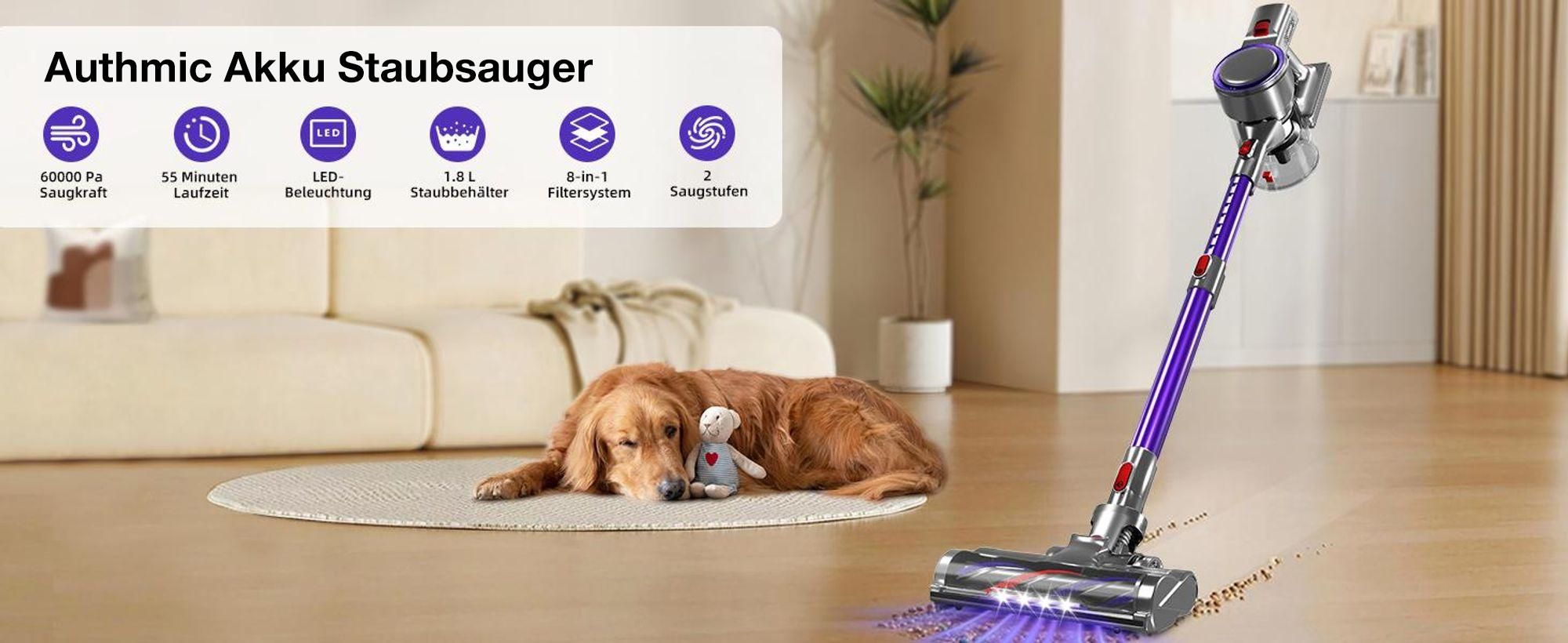 Authmic Akku Staubsauger, 60000Pa/55Min/1,8L Staubsauger Kabellos mit Display, Anti-Tangle-Bürste,Ultraleise,für Tierhaare/Teppiche/Hartböden/Auto