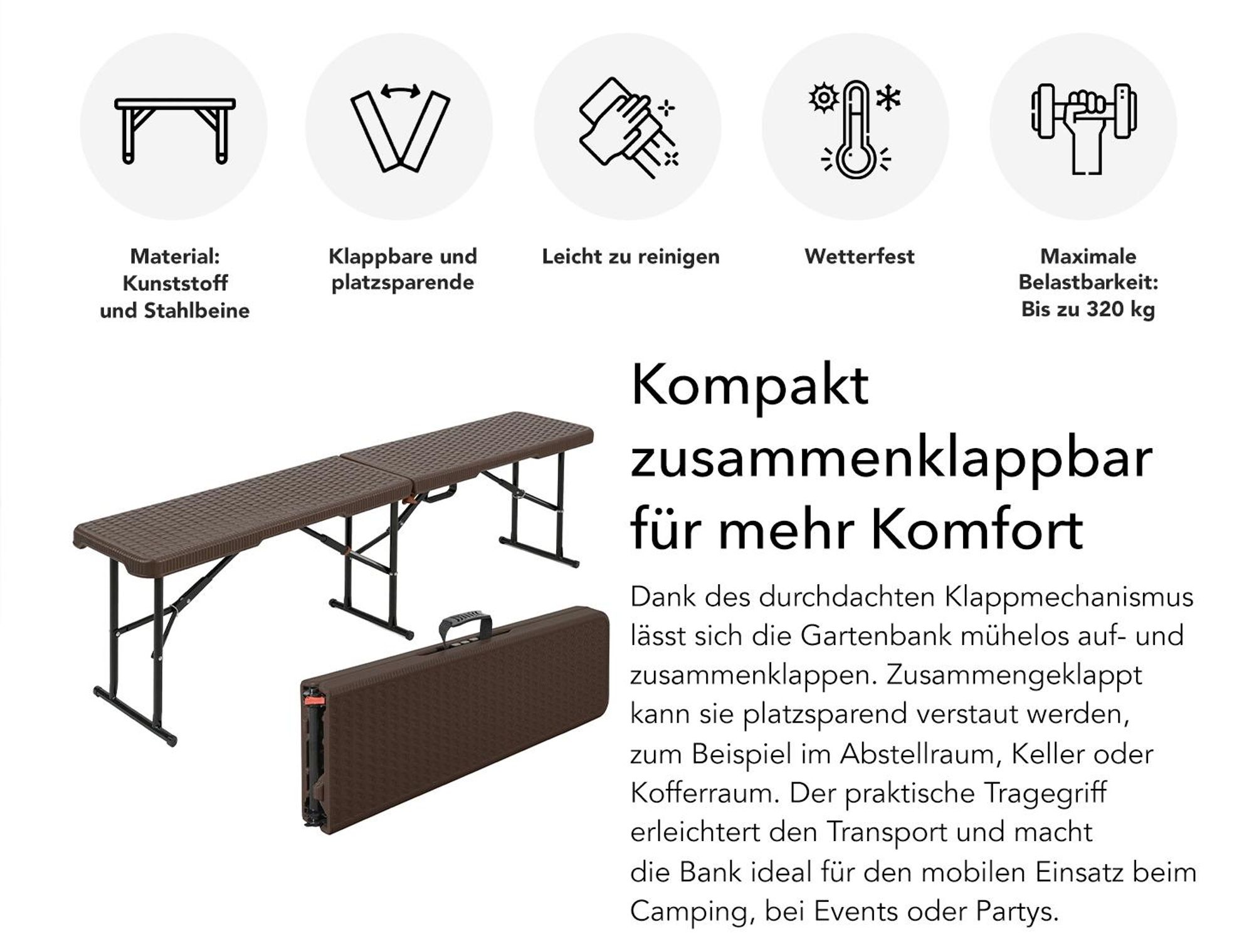 Floordirekt Gartenbank Kagawa klappbare Sitzbank wetterfest 183 cm in Braun für Garten, Balkon & Events