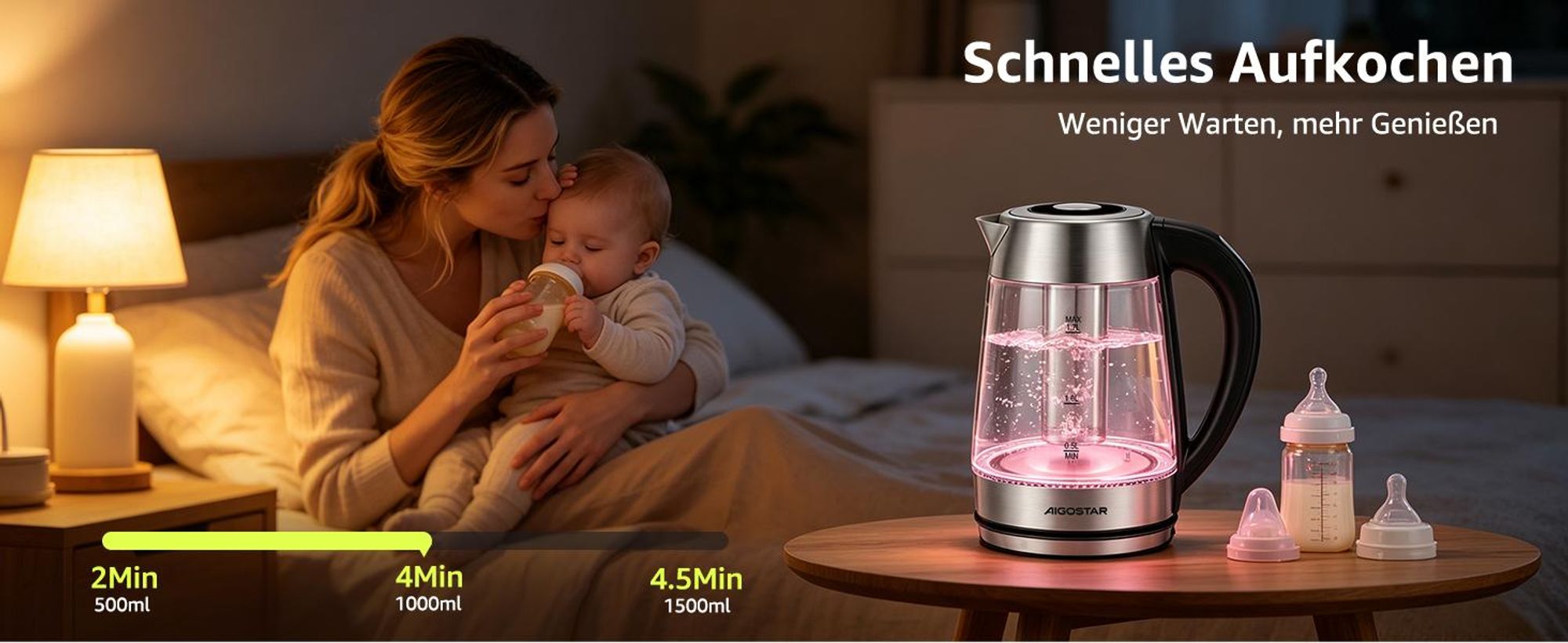Aigostar Glas Wasserkocher 1,7 L mit Temperatureinstellung 60–100 °C, 2200 W, Farbwechsel-LED, 120 Min. Warmhaltefunktion, Edelstahl & Borosilikatglas