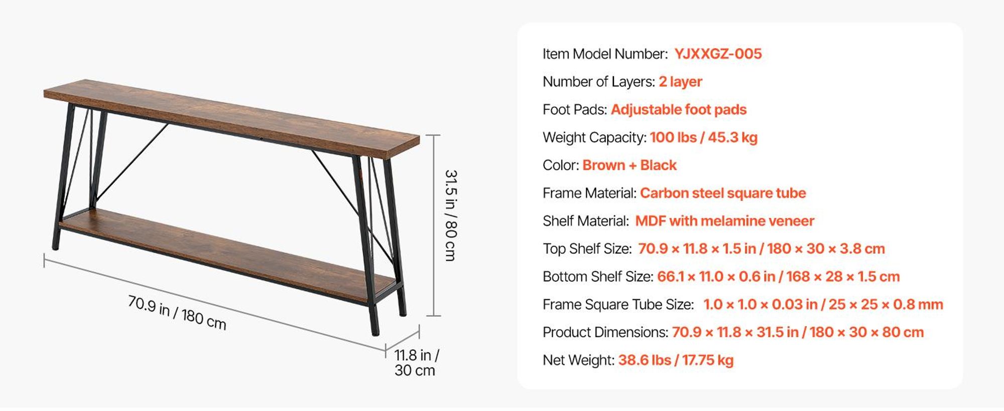 VEVOR Schmaler Konsolentisch Eingangstisch (180 cm Länge / 45,3 kg Tragkraft), 2-stufiger Flurtisch für Eingangsbereich Flur Wohnzimmer Schlafzimmer