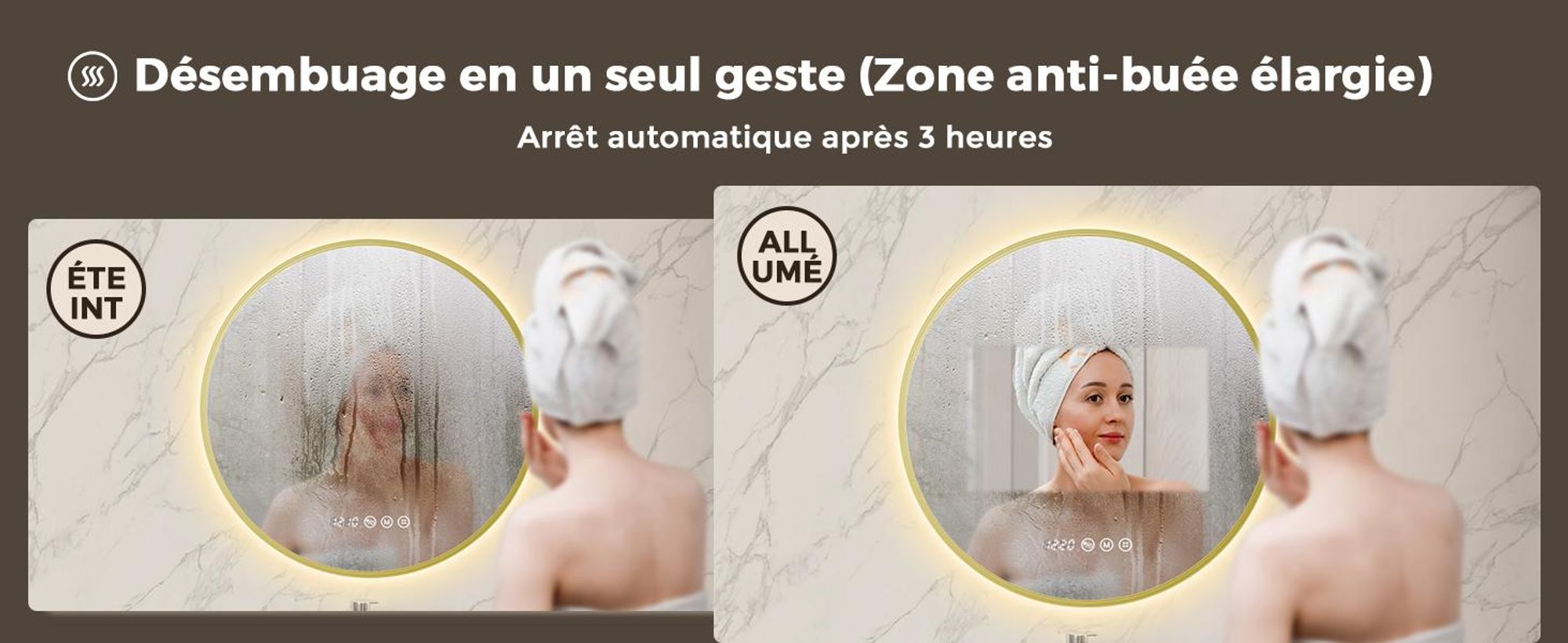 S'AFIELINA Miroir Salle de Bain LED Rond 70 cm avec Éclairage, cadre doré, 3 températures de couleur, variateur, antibuée, horloge & température