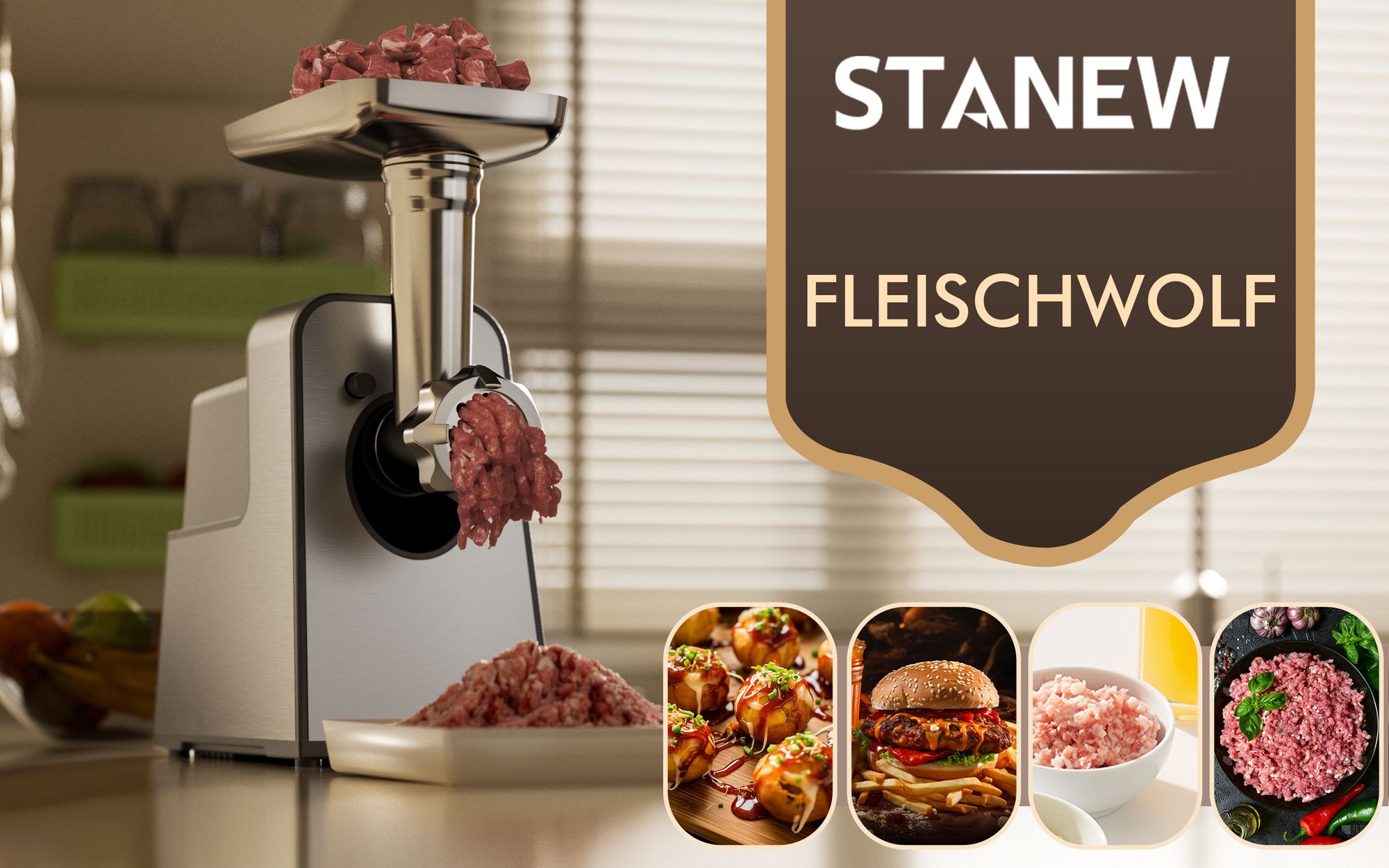 STANEW 4-in-1 Fleischwolf elektrisch 3500 W, Elektrische Wurstmühle mit 3 Edelstahl-Schleifplatten (4/8 mm, fächerförmig) und 3 Klingen