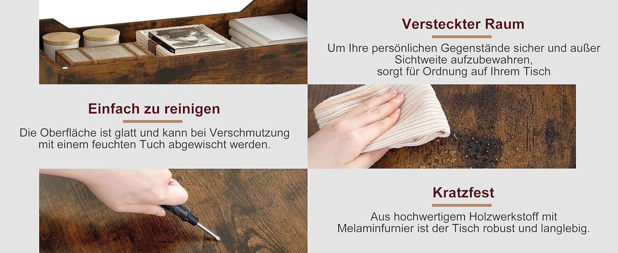 WOLTU Couchtisch, Kaffeetisch mit verstecktem Stauraum, Metallbeine, Rustikales Braun