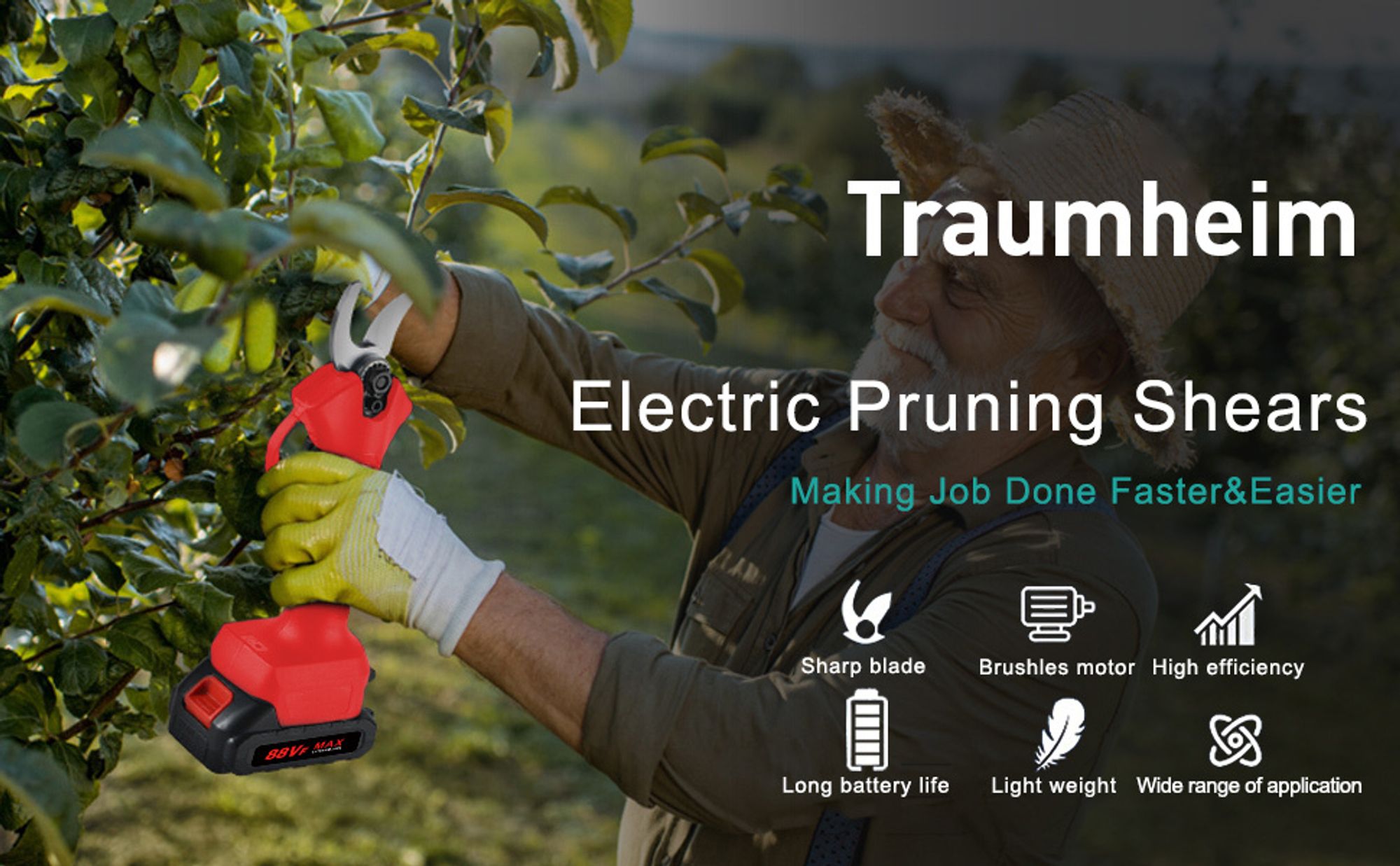 Professionelle Akku-Gartenschere, 21 V, kabellose elektrische Gartenschere, 0–25 mm Akku-Gartenschere mit 2 Akkus, Baumscheren – Rot