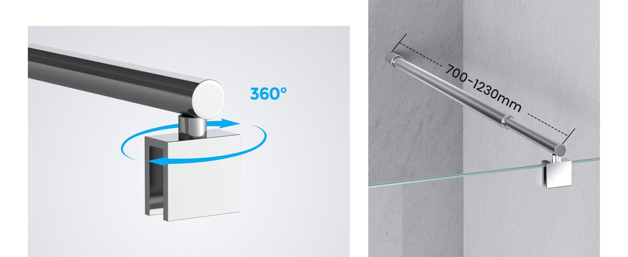 Heilmetz Stabilisierungsstange für Duschwand 700-1230 mm Ausziehbar, Haltestange Edelstahl Chrom, für 8-10 mm Glasstärke