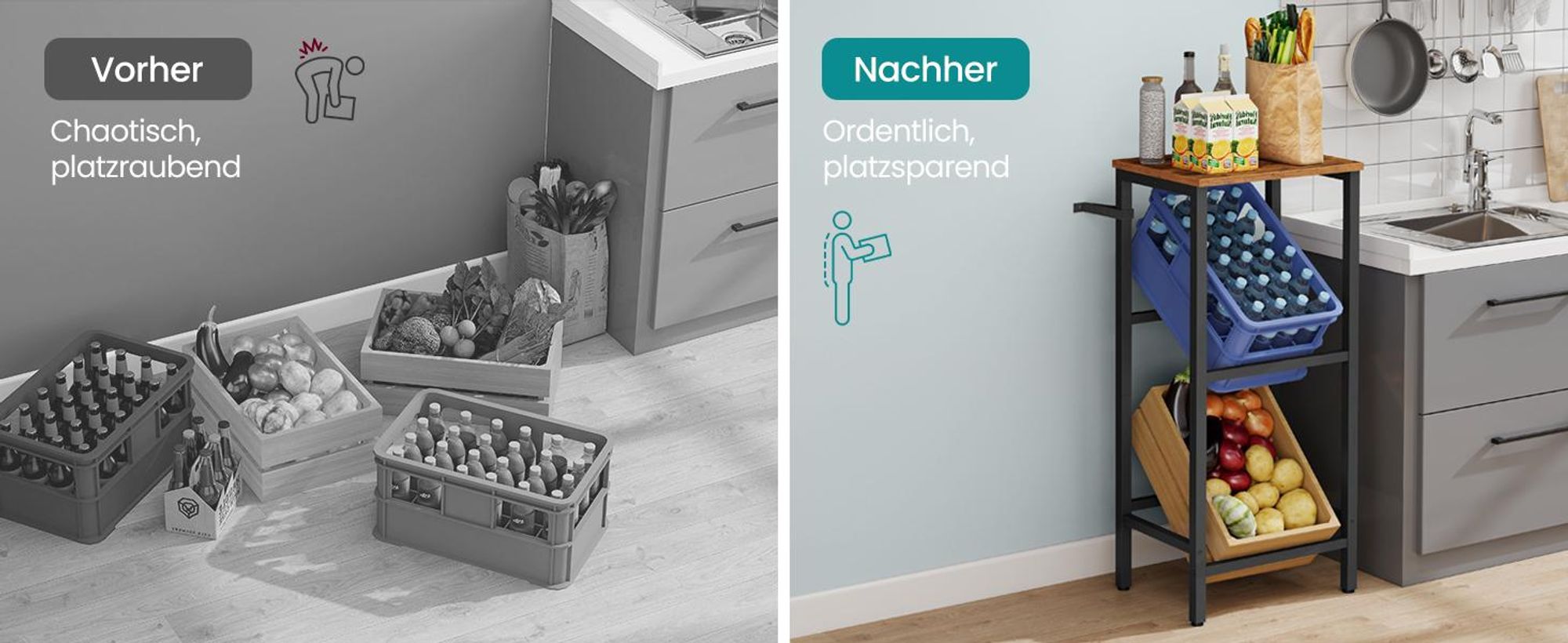 SONGMICS Getränkekistenregal, 2 Ebenen für 2 Kisten, mit 1 Ablage, Stahl, Getränkeregal, braun-schwarz