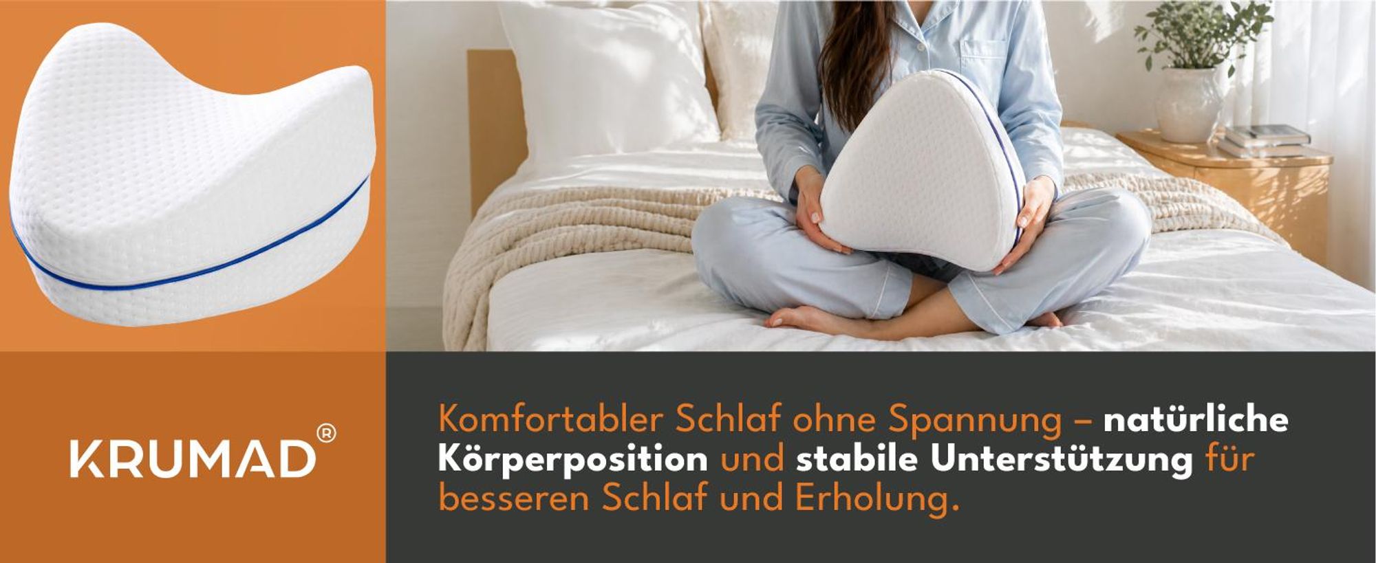 KRUMAD Orthopädisches Kniekissen für Seitenschläfer, Memory Foam, Schmerzlinderung für Ischias, Rücken & Hüfte, Ergonomisches Kissen, 25x20x10cm
