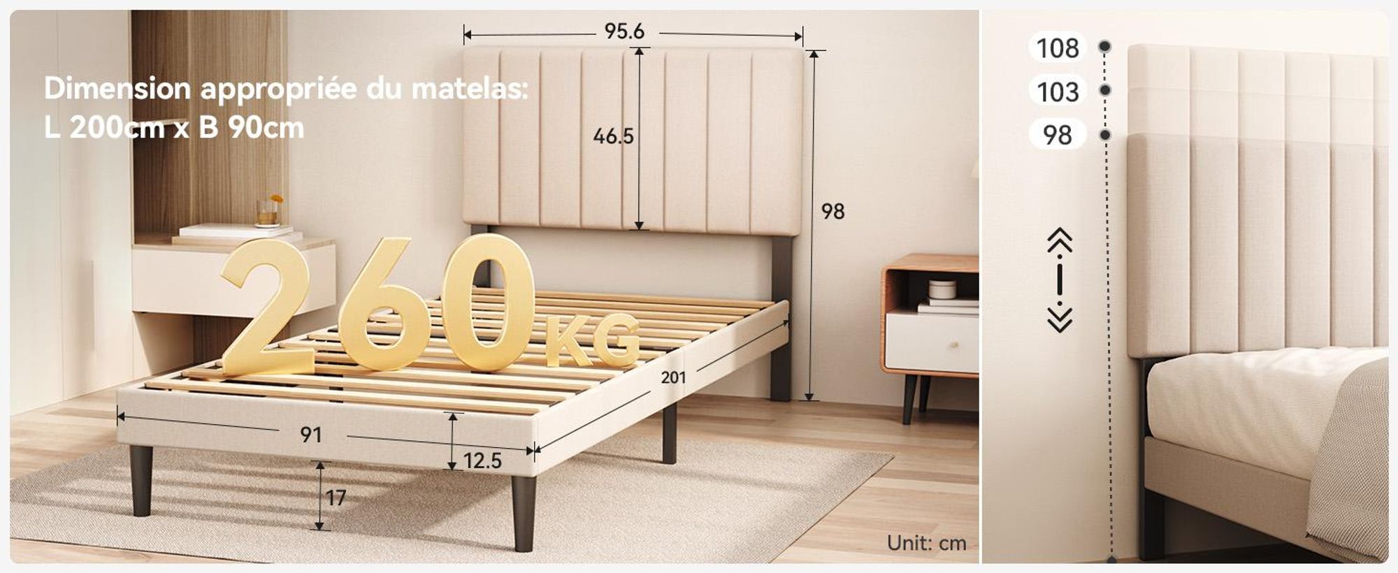 Lit rembourré 90 x 200 cm avec tête de lit réglable, sommier à 12 lattes, cadre de lit robuste pour chambre à coucher ou chambre d'adolescent, charge maximale de 260 kg, blanc gris