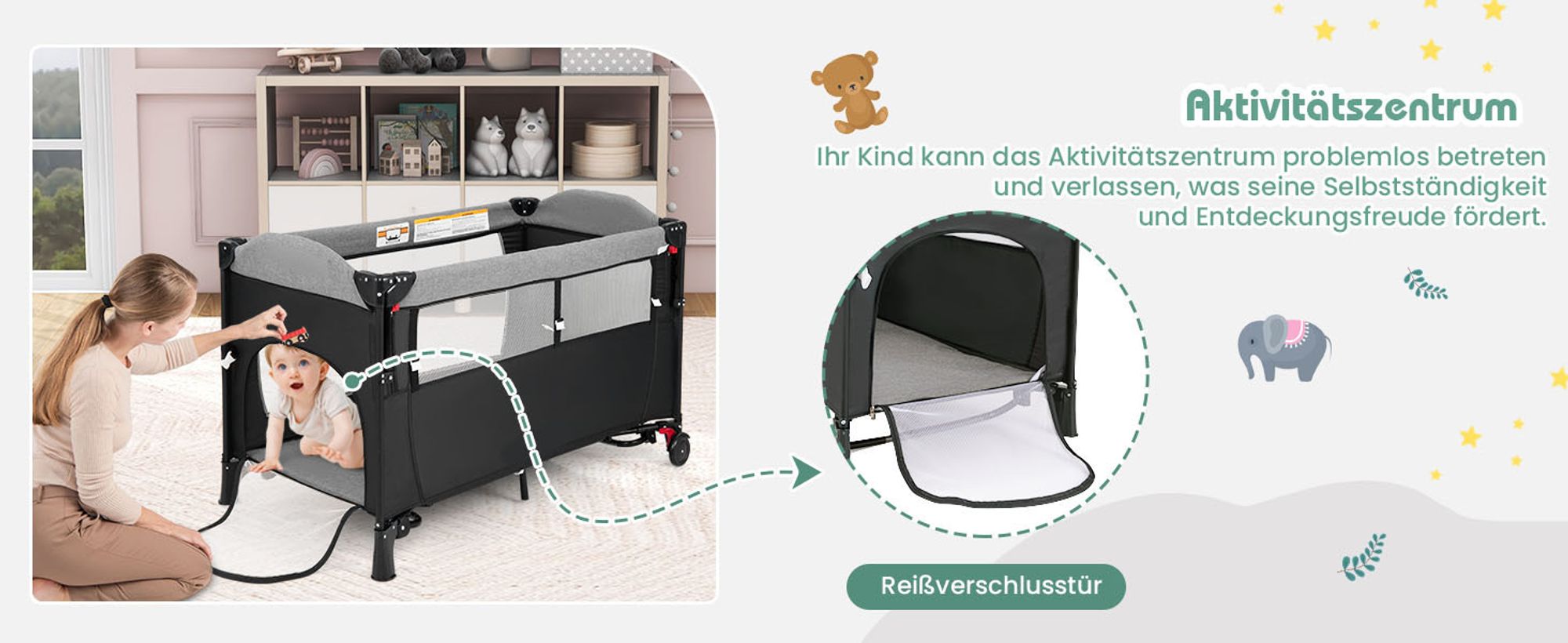 5 in 1 Reisebett mit Matratze 120 x 60cm, Höhenverstellbar Beistellbett mit Wickeltisch, Spieluhr & Spielzeug, Laufstall | Babybett | Babyschaukel für Baby ab Geburt (Grau)