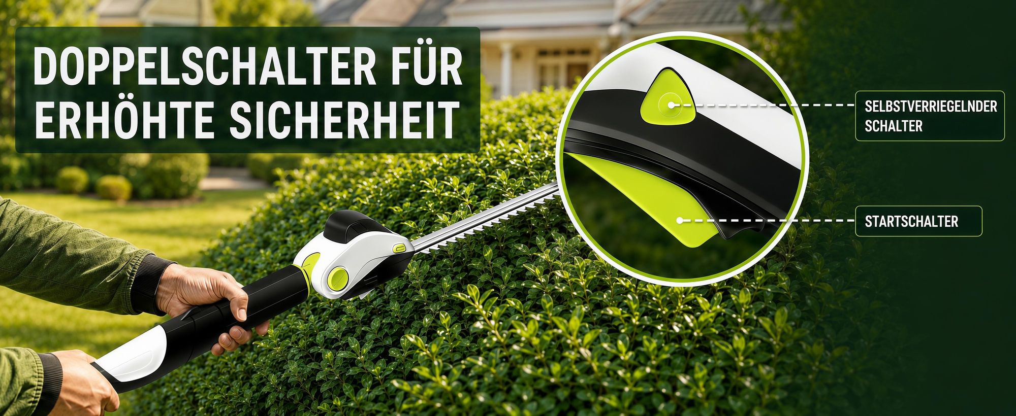 3-in-1 Akku Heckenschere,110°drehbarer Kopf,Elektrische Heckensche mit 2×2000mAh Akku,LCD-Display,Doppelter Sicherheitsschalter,Teleskopstange,Silber