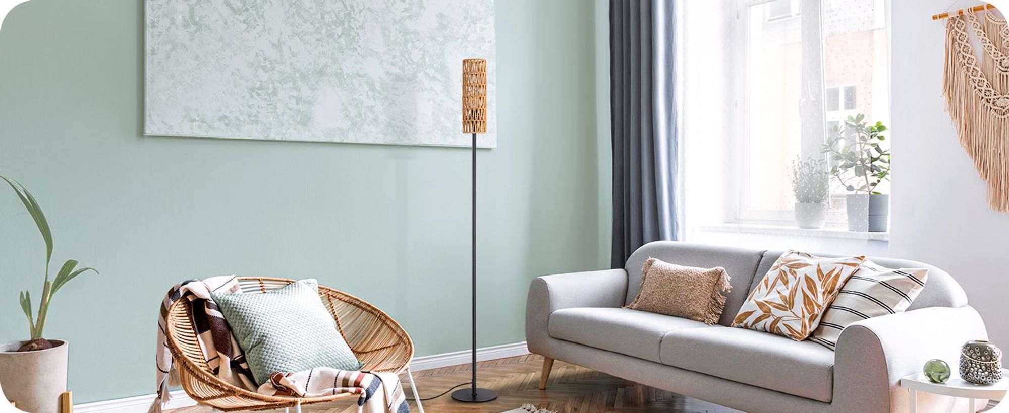 EDISHINE Stehlampe Wohnzimmer, LED Stehleuchte Rattan, Boho Stehlampe vintage 2700K