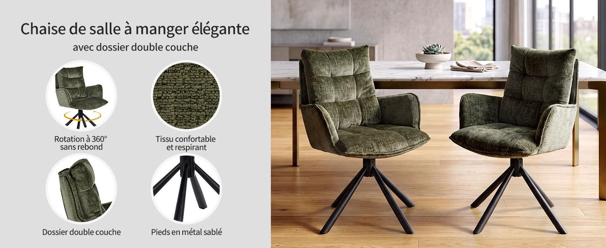 Chaise de salle à manger Duhome pivotante à 360° Lot de 2 fauteuils lounge Chaise en chenille avec fonction de retour pour bureau, cuisine, salon, chambre à coucher, vert