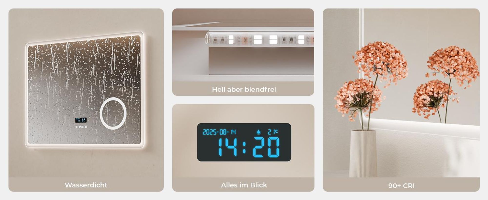 S'AFIELINA 60x100 cm LED Badspiegel mit Beleuchtung , Touch, dimmbar, 3 Lichtfarben, Bluetooth, Uhr, beschlagfrei, 3X Kosmetikspiegel, Wandmontage